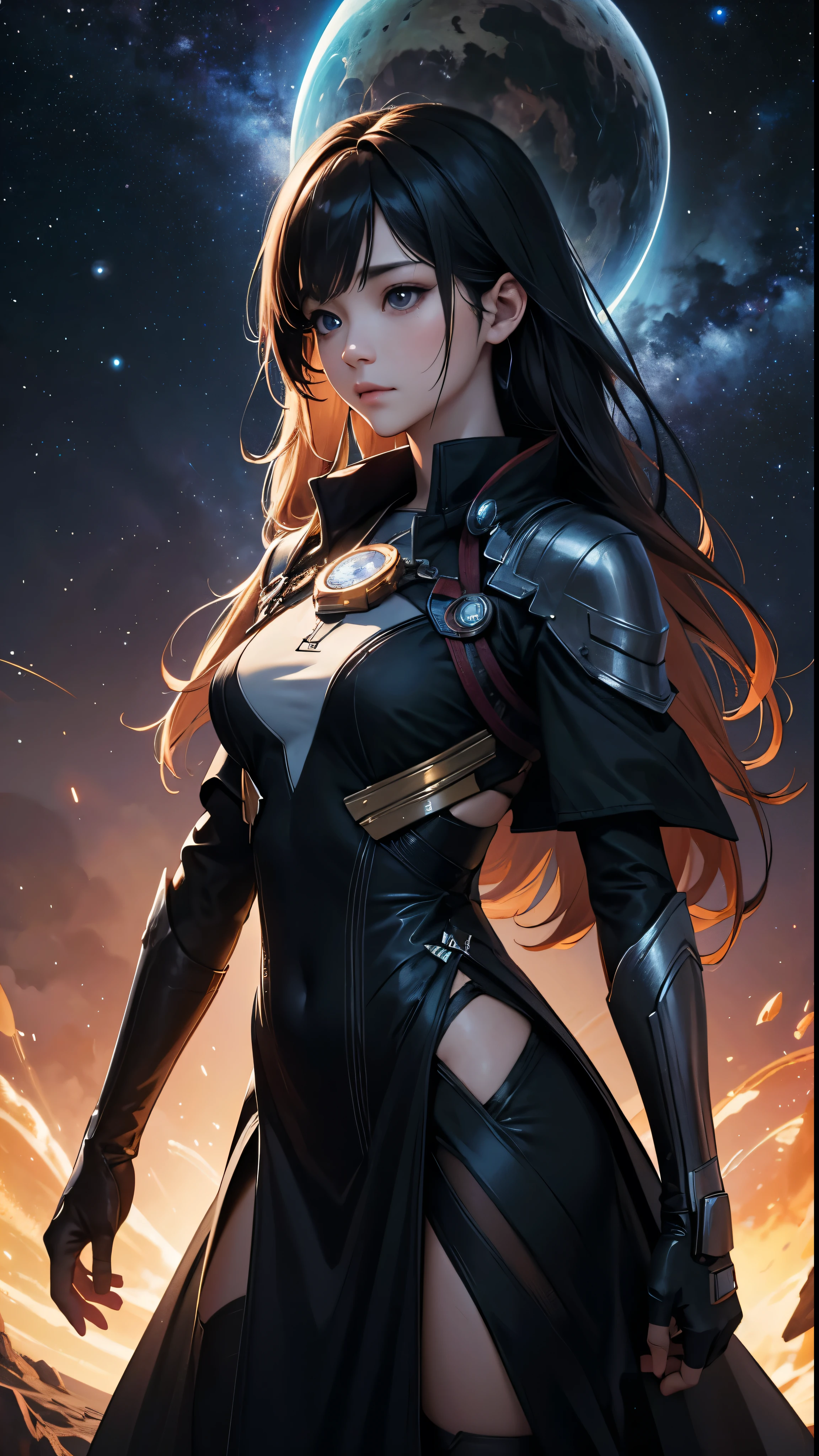 8K resolution, masterpiece, Highest quality, Award-winning works, unrealistic, From above, erotic, Only sexy women, healthy shaped body, 22 years old, Black Mage, Height: 165cm, Large, firm, swaying bust,, Silvery long wavy hair, Detailed facial depiction, break, Mysterious blue eyes, Standard nose, eyeliner, Pink Lips, Sexy long legs, Transparent muscle, holy knight, Gothic ruffle long dress, A dress with a complex structure, Seven colourful dresses, Clothed in flames, royal coat of arms, elegant, Very detailed, Delicate depiction of hair, Miniature Painting, Digital Painting, artステーションコンセプトart, Smooth, Sharp focus, shape, artジャム、Greg Rutkowski、Alphonse Mucha、William Adolphe Bouguereau、art:Stephanie Law , Royal Jewel, nature, Symmetric, Greg Rutkowski, Charlie Bowwater, unrealistic, Surreal, Dynamic Lighting, ファンタジーart, Complex colors, Colorful magic circle, flash, dynamic sexy pose, A kind smile, Mysterious Background, aura, A gentle gaze, break, Small faint lights and flying fireflies, night, lanthanum, 山の頂From above下界を見下ろす, Starry Sky, milky way, nebula, shooting star, A sacred staff that emits a brilliant light, Back view, Facing the camera