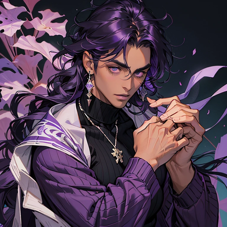 Tall thick muscular man, Dark skin, Purple narrow eyes, Black hair with purple streaks, Curly shoulder-length hair, Long bangs completely cover your eyes, Wide face, Plump lips, Earring in left ear, Purple choker with spikes, Black turtleneck, Purple pants.