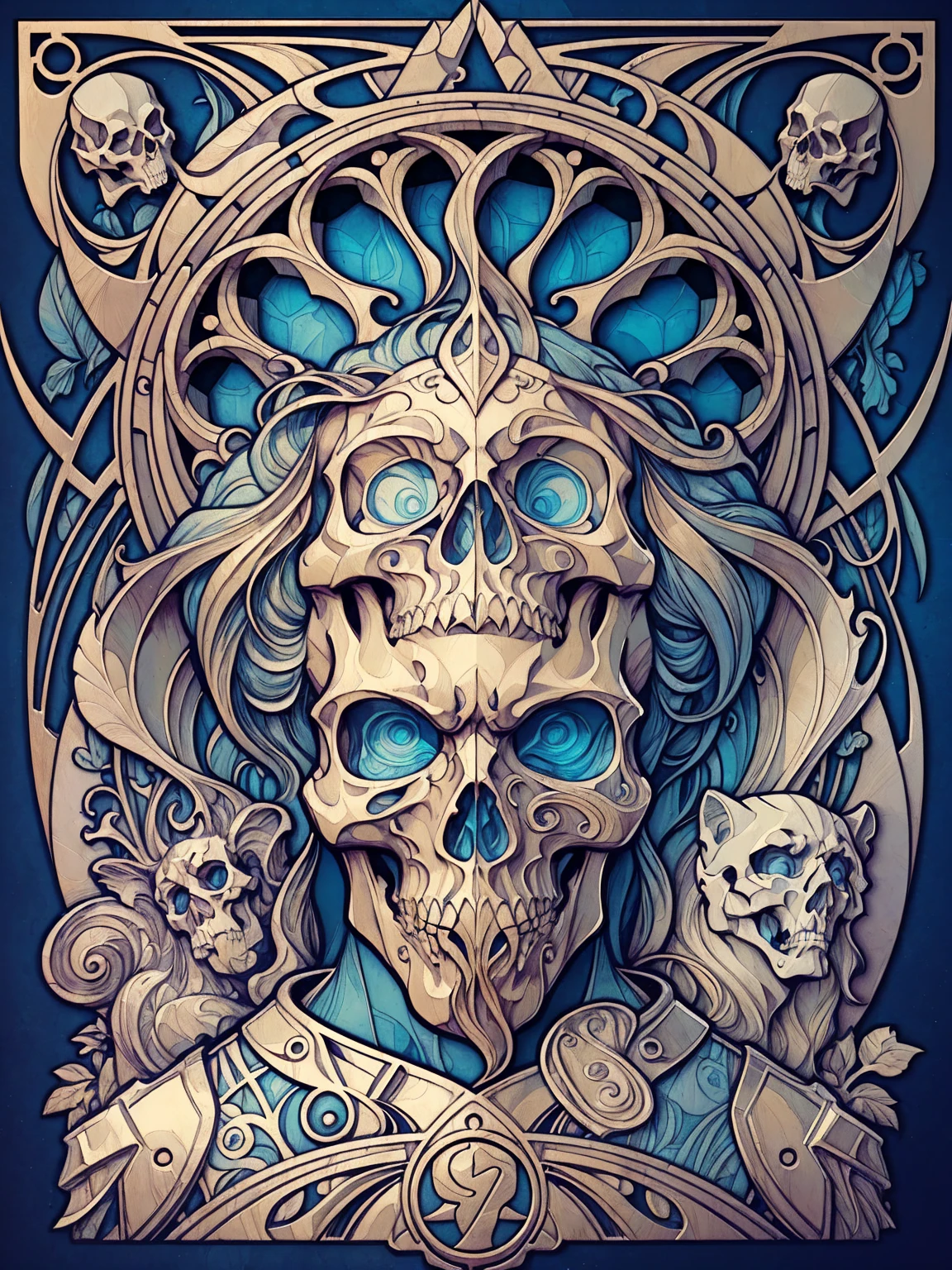 ((Art Nouveau Style)); Stone Cold Steve Austin Skull; symmetrical with thick lines, Fibonacci, golden ratio, 3D metal structure tessellation, neural graphic, neurons, color, love, passion, incredibly detailed, 8k, masterpiece, artstation, surreal