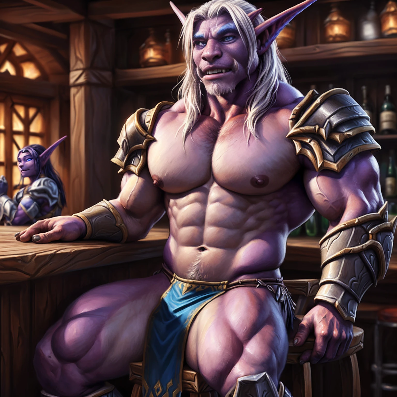 ((((Night-elf (world of warcraft))))), long white hair, big long eyebrows, ((loincloth)), ((((armor)))), (((exposing chest))), hatless, (((showing pecs))), (((((open chest))))), manly, virile, male, solo, adult, nipple focus, nipples, detailed muscles, (big bodybuilder body), (big muscular male), (detailed muscular oblique), (muscular v-cut), (wide muscular shoulder), (detailed muscular butt), (detailed muscular thighs), (detailed muscular abs), ((((huge muscular pecs)))), (big muscular biceps), detailed face, beautiful eyes, closed mouth, (happy face), sitting in stool, bar counter behind, tavern background, looking at viewer, by bruteandbrawn, by personalami, by kenket, (intricate, high detail, film photography, soft focus, RAW candid cinema, photorealism, realistic, photorealistic, analog style, subsurface scattering, masterpiece, best quality, ultra realistic, 8k)