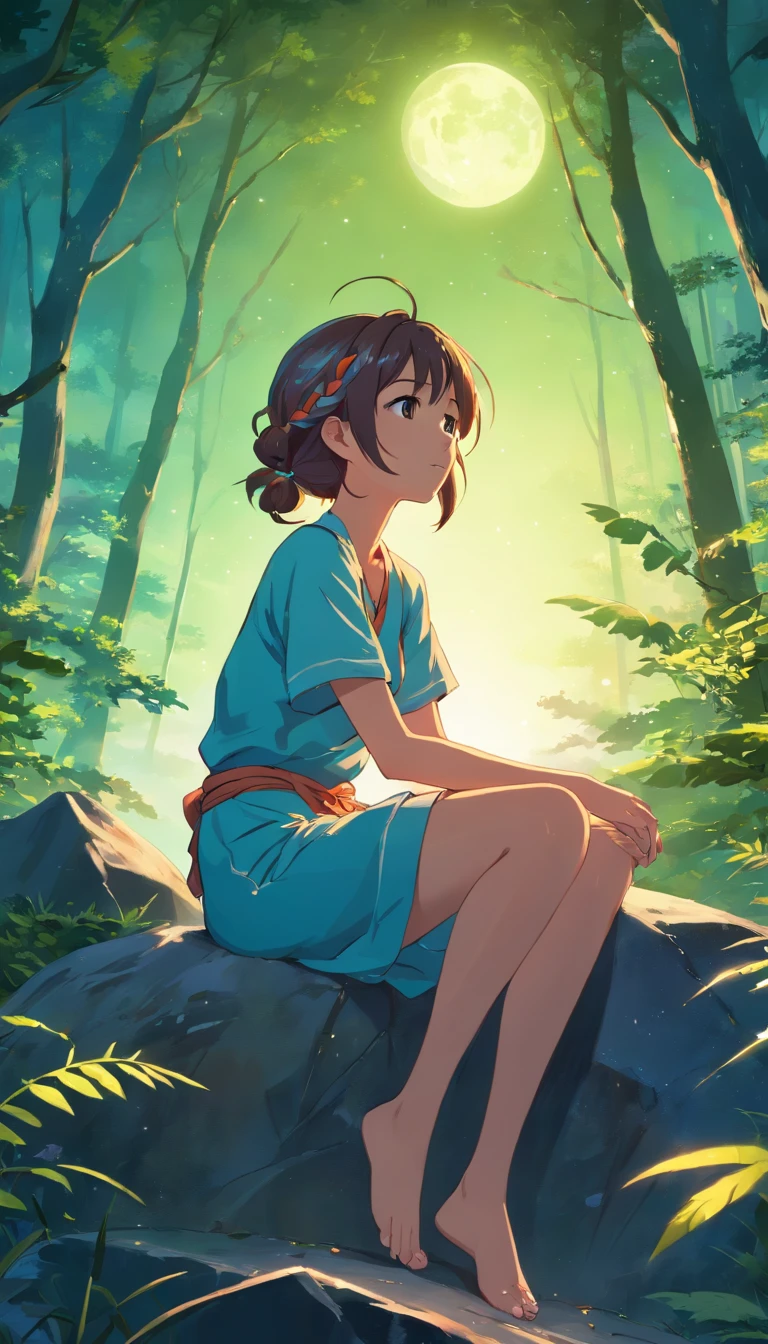 A young woman, with wild hair and colored braids, is sitting on a rock, surrounded by a dense and exuberant forest. The night is bluish and clear, with the full moon shining brightly in the sky. Deers dance around your head, creating a magical and decorated environment. The young woman is dressed in colorful tribal clothes, which shine under the light of the moon. She seems to be a part of nature, her skin shining with a touch of magic. She seems to be an attractive and mysterious figure, her serene expression and her relaxed posture. The scene conveys a sense of harmony and connection with nature, as if the young woman were an integral part of the wild world that surrounds her.
