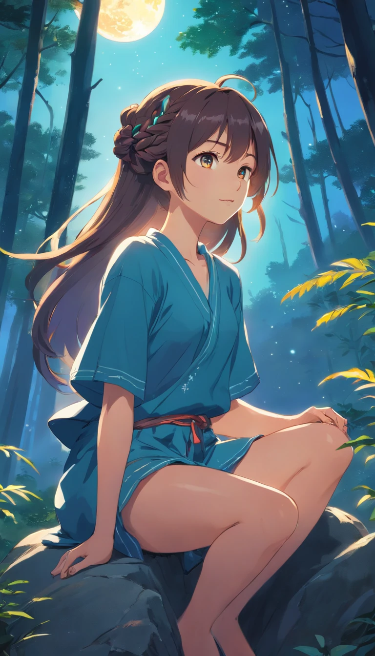 A young woman, with wild hair and colored braids, is sitting on a rock, surrounded by a dense and exuberant forest. The night is bluish and clear, with the full moon shining brightly in the sky. Deers dance around your head, creating a magical and decorated environment. The young woman is dressed in colorful tribal clothes, which shine under the light of the moon. She seems to be a part of nature, her skin shining with a touch of magic. She seems to be an attractive and mysterious figure, her serene expression and her relaxed posture. The scene conveys a sense of harmony and connection with nature, as if the young woman were an integral part of the wild world that surrounds her.