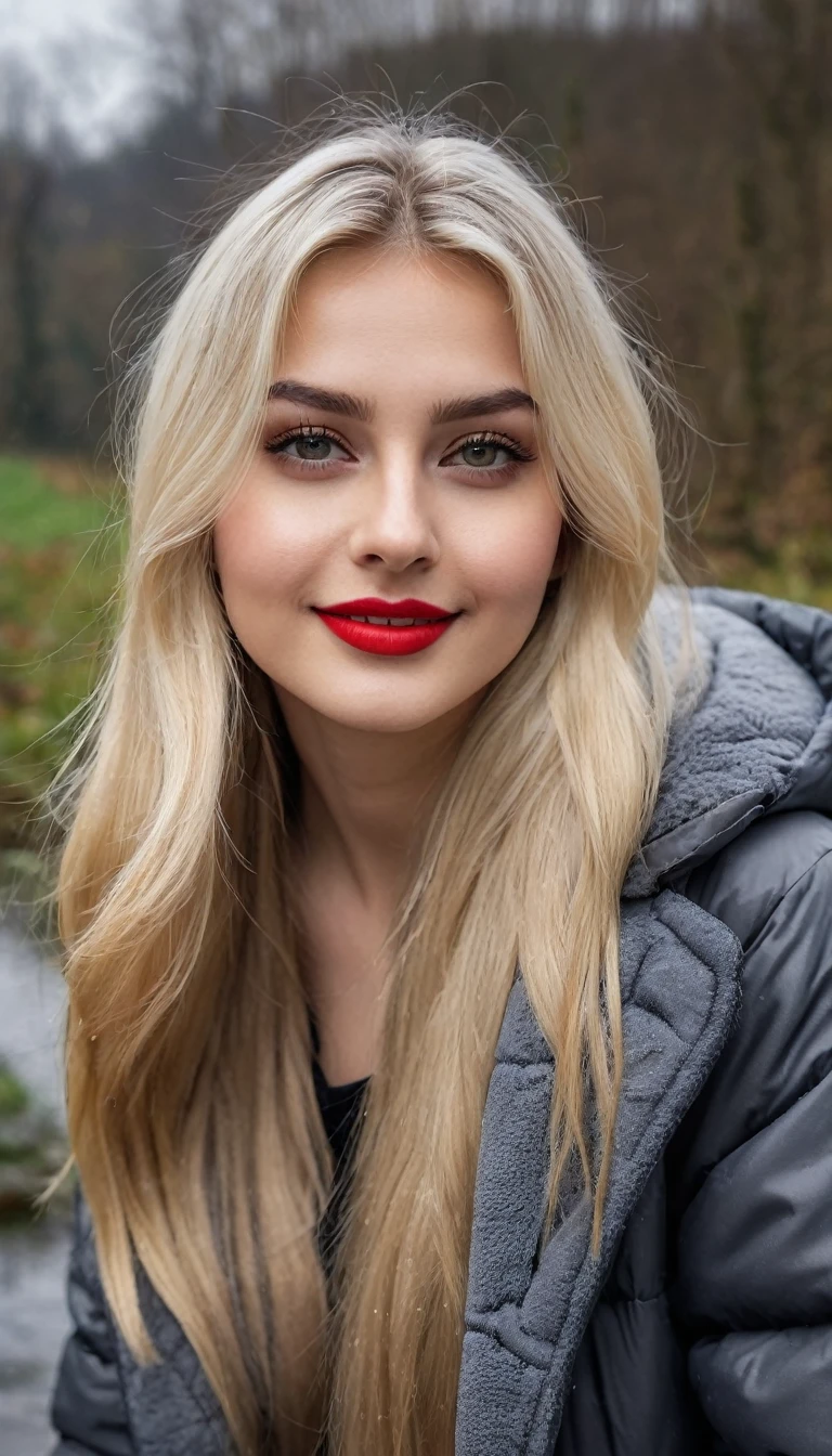 hyperrealistic beautiful busty 19-year-old woman with long legs wearing casual winter outfit with padded coat, model shooting full body photography, bleached blonde very long straight hair, soaky wet skin, dark eye makeup with eyeliner, seductive smile, red lips, 8K, Best quality, Meisterwerk, ultra high resolution, (Realismus: 1.4), Originalfoto, (realistische Hautstruktur: 1.3), (Filmkorn: 1.3), (Selfie-Winkel), 1 girl, Beautiful round hazel eyes and facial details, Meisterwerk, Best quality, outdoor photography, nsfw
