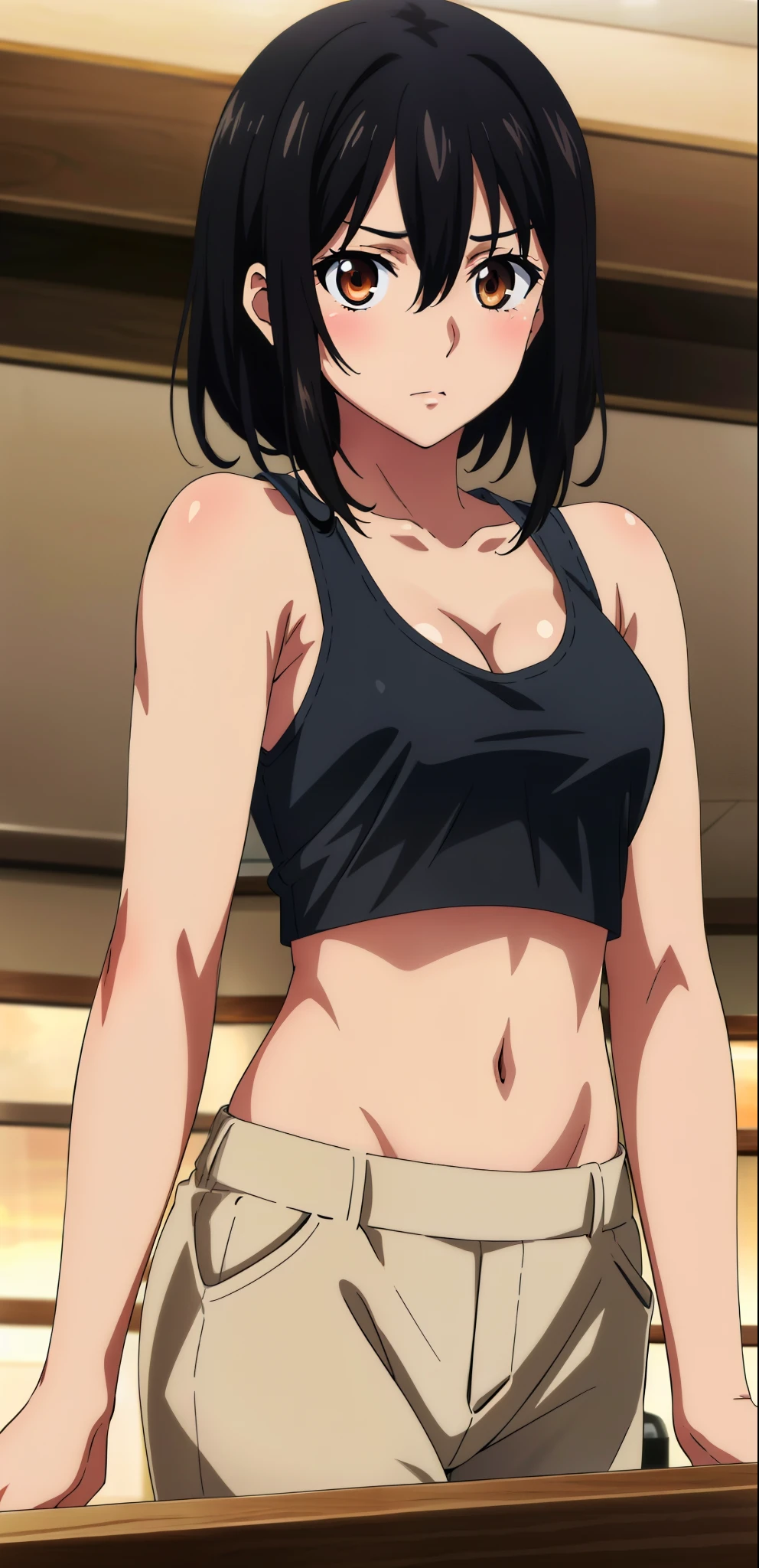 masterpiece, best quality, 1 girl, himeragi yukina, brown eyes, black hair, hair between eyes, medium hair, (healthy skin) , (((cropped tank top))), medium hair, (bar) ,((medium breasts )),shy, cowboy_shot, healthy skin