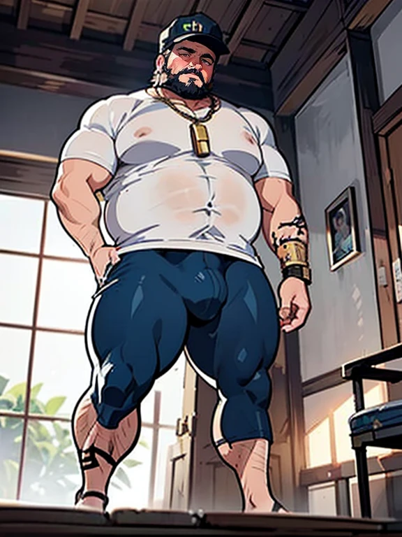 masutepiece,High quality,Highly detailed,intense scene, solid, Gritty reality setting for 50 year old sexy fat bearded man,full of sweat,Full body,Big belly,((Wearing a white shirt and white trunks)),Stunned face,Open the legs,In the darkness, Varied Camera Angles in Photography. Only chubby daddy, Chubby Bear daddy, extremely thick thighs, large belly, fat, age 50, 1 chubby man (homem completamente de costa , He is facing away from the viewer only with his back turned,. Pool Scenario, beautiful mansion, Plantas Estilo urban jungle. Dia de sol, magnificent sky, sombras e luz no ambiente . He's bearded. gesturing with hands. gold chain around the neck, rings, clock, 💓, view from below, leather hat, armbands, leather cap,bondage outfit))), tattooed arms, full body tattooed, gesturing with hands towards the viewer, Vandalized and vandalized public bathroom scenario, sujeira em todo o banheiro. Luz baixa, ambiente perigoso, ambiente sinistro.