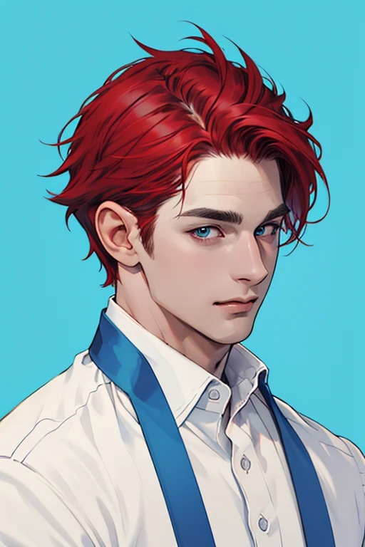 1 handsome 30 year old boy,and his handsome face，masterpiece,best quality, ultra high resolution, Pure blue background without impurities,Short red messy hair, flat illustration，Minimalism，