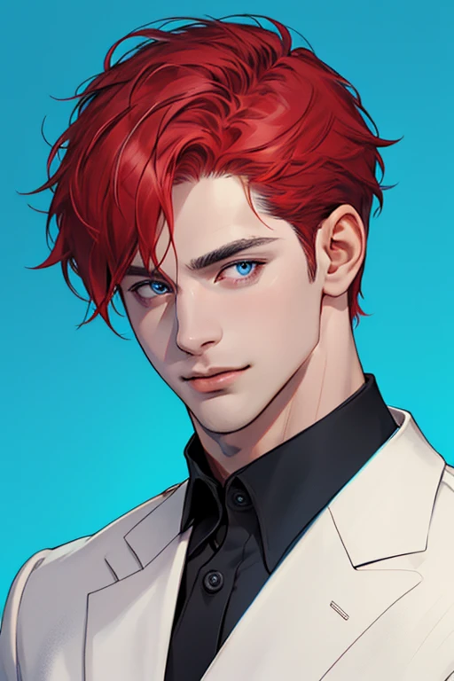 1 handsome 30 year old boy,and his handsome face,masterpiece,best quality, ultra high resolution, Pure blue background without impurities,Short red messy hair, flat illustration,Minimalism,
