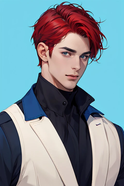 1 handsome 30 year old boy,and his handsome face,masterpiece,best quality, ultra high resolution, Pure blue background without impurities,Short red messy hair, flat illustration,Minimalism,