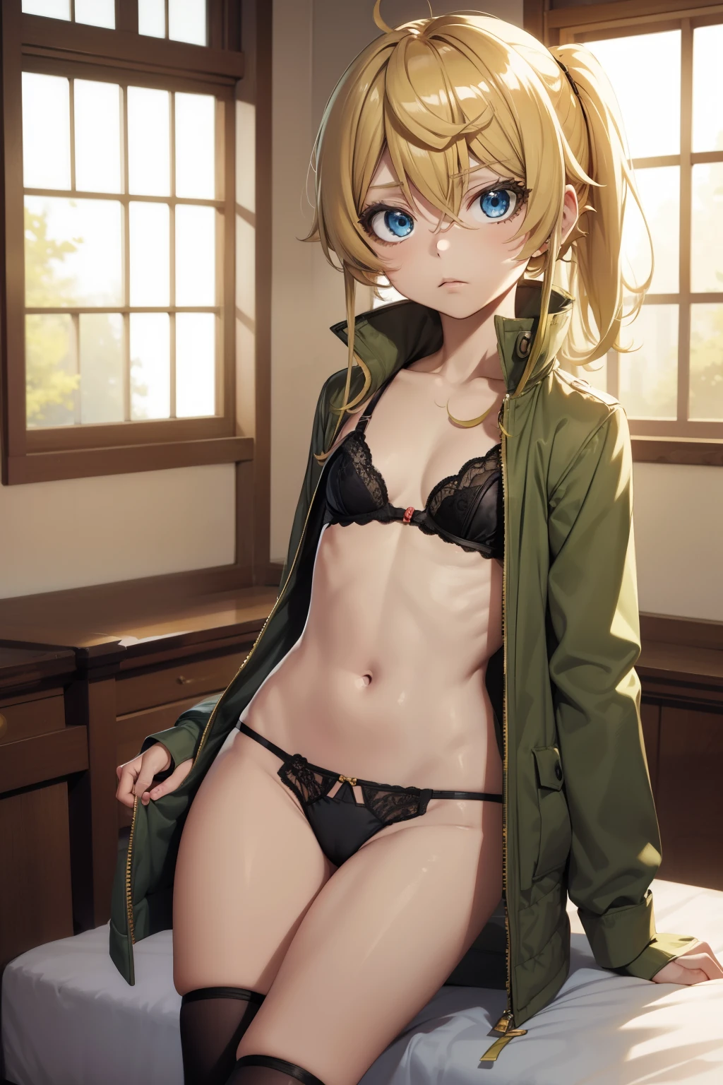 Tanya ,1girl , anime , masterpiece , blonde hair , jaqueta aberta open clothes ,toph beifong , disappointed face disgusted , solo , jacket, open clothes, bra , flat chest ,pantie, garterbelt , long socks , looking at viewer , bedroom .