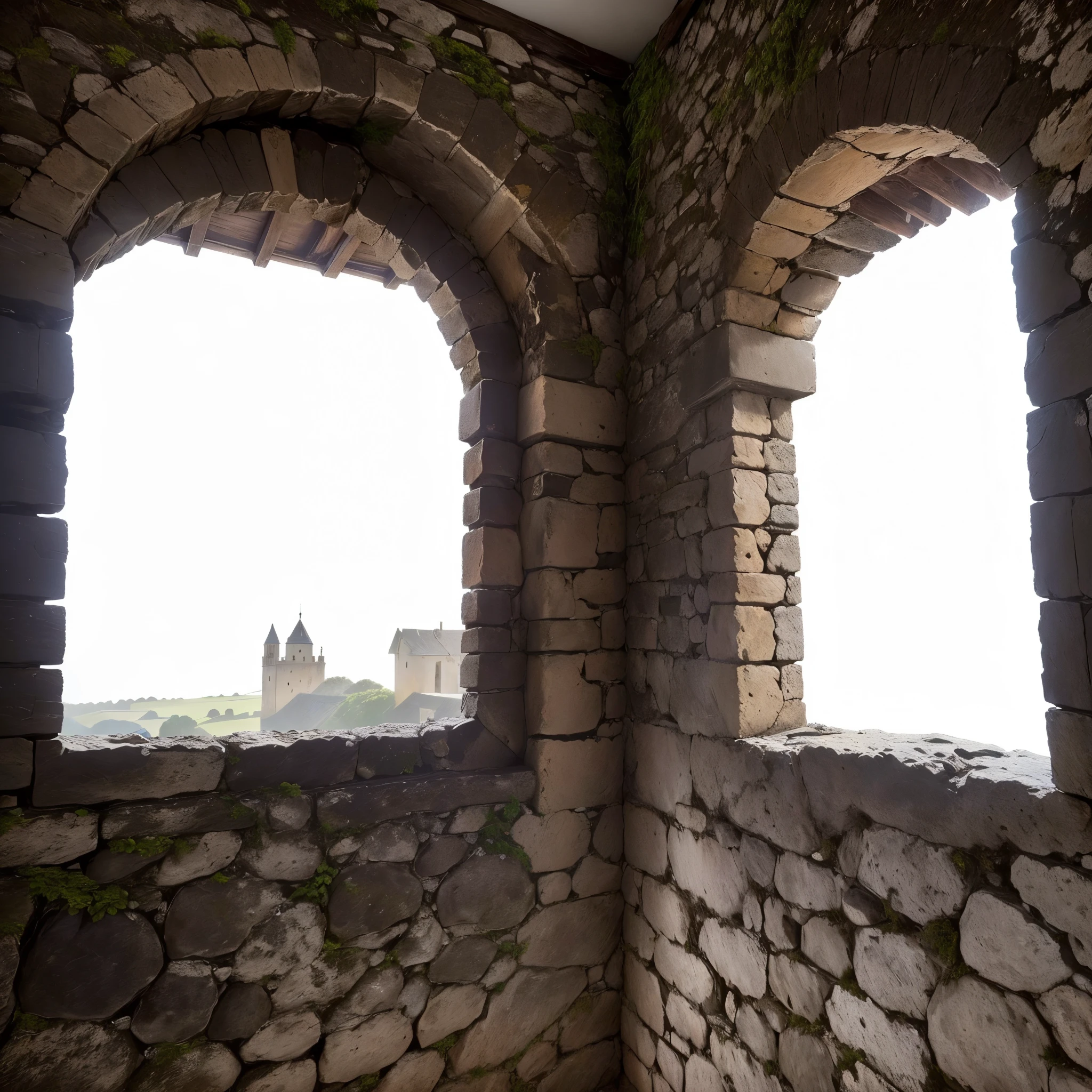 there are two windows in the stone wall of a building, paredes e pilares de pedra escura, olhando para frente, window into space behind them, fundo medieval sombrio, vista de dentro, equirretangular, abrir janela ib fundo, janela no centro, janelas e paredes :5, small chamber. hiperrealista, olhando para fora, location of an old, dark house