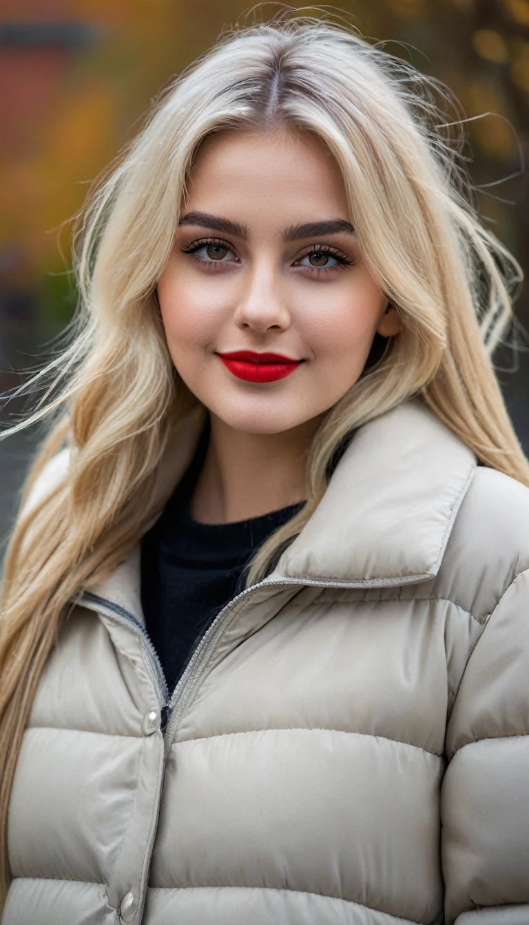 hyperrealistic beautiful busty 19-year-old woman with long legs wearing casual winter outfit with puffer coat, model shooting full body photography, bleached blonde very long straight hair, soaky wet skin, dark eye makeup with eyeliner, seductive smile, red lips, 8K, Best quality, Meisterwerk, ultra high resolution, (Realismus: 1.4), Originalfoto, (realistische Hautstruktur: 1.3), (Filmkorn: 1.3), (Selfie-Winkel), 1 girl, Beautiful round hazel eyes and facial details, Meisterwerk, Best quality, outdoor photography, nsfw
