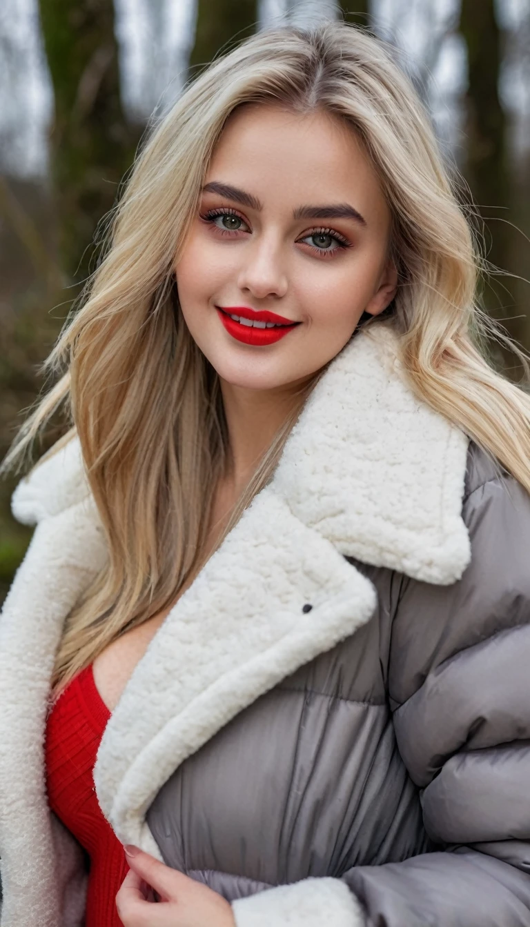 hyperrealistic beautiful busty 19-year-old woman with long legs wearing casual winter outfit with puffer coat, model shooting full body photography, bleached blonde very long straight hair, soaky wet skin, dark eye makeup with eyeliner, seductive smile, red lips, 8K, Best quality, Meisterwerk, ultra high resolution, (Realismus: 1.4), Originalfoto, (realistische Hautstruktur: 1.3), (Filmkorn: 1.3), (Selfie-Winkel), 1 girl, Beautiful round hazel eyes and facial details, Meisterwerk, Best quality, outdoor photography, nsfw