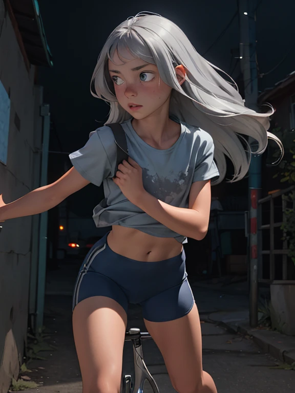 ink painting style, sketch, dynamic image of a age girl (14 years) with a slim teenbody(flat chest:1.3), Silver (gray-haired) tousled semi-long hair , blue eyes with a deep, heavy look of a man who has seen some bullshit, wearing a khaki T-shirt, tight little tight cycling shorts and sneakers, A play of chiaroscuro