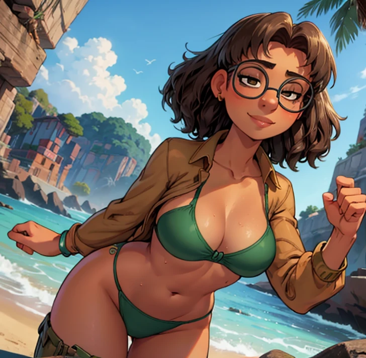 Female,Green bikini,bra,Wet clothes,beach ,Curvy legs,sexy,brown shirt,solo, cinematic, ilumination,Glasses,small breasts,smile,SOLO,turnaround,