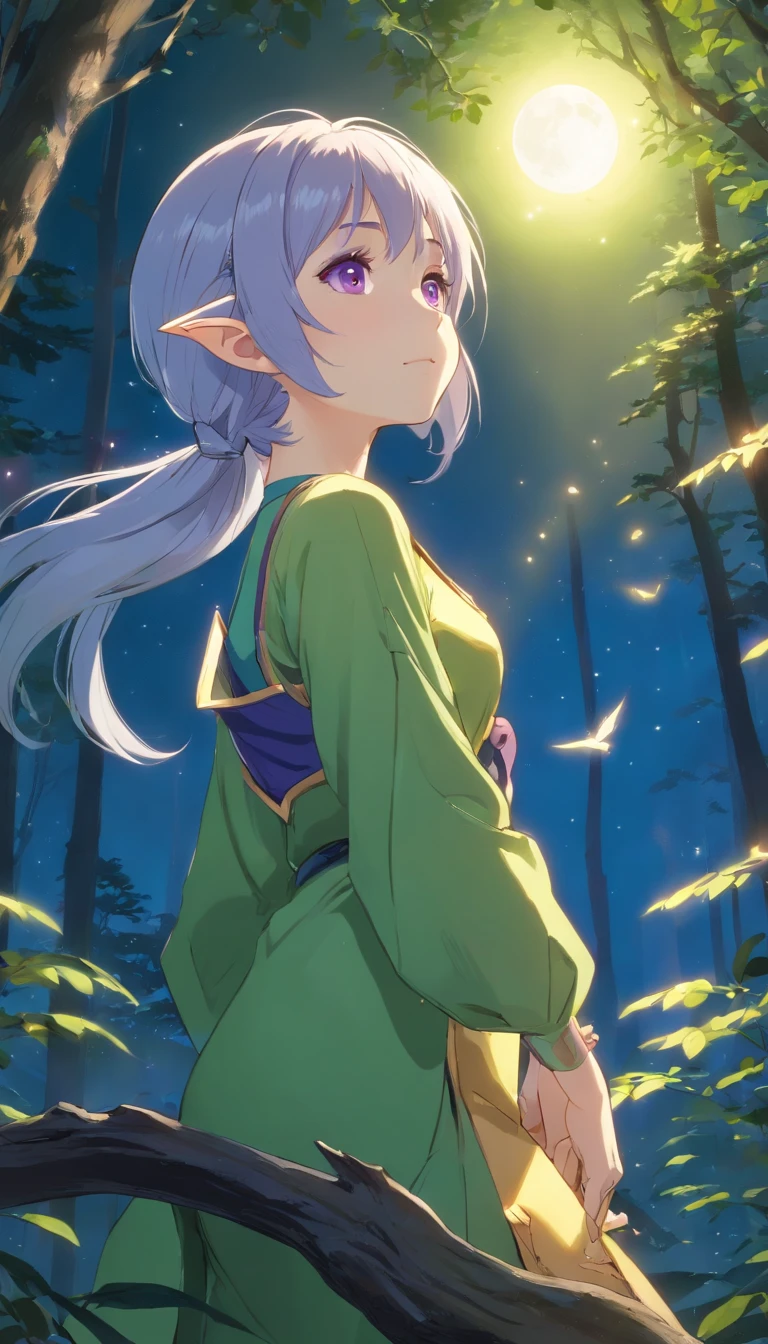 A young elf woman, with silver hair and bright purple eyes, is sitting on a tree, surrounded by a dense and lush forest. The night is bluish and clear, with the full moon shining brightly in the sky. Deers dance around your head, creating a magical and decorated environment. The young woman seems to be a part of the night, her skin shining with a touch of magic. She seems to be a mysterious and attractive figure, her serene expression and her relaxed posture. The scene conveys a sense of harmony and connection with nature, as if the young elf were an integral part of the wild world that surrounds her.