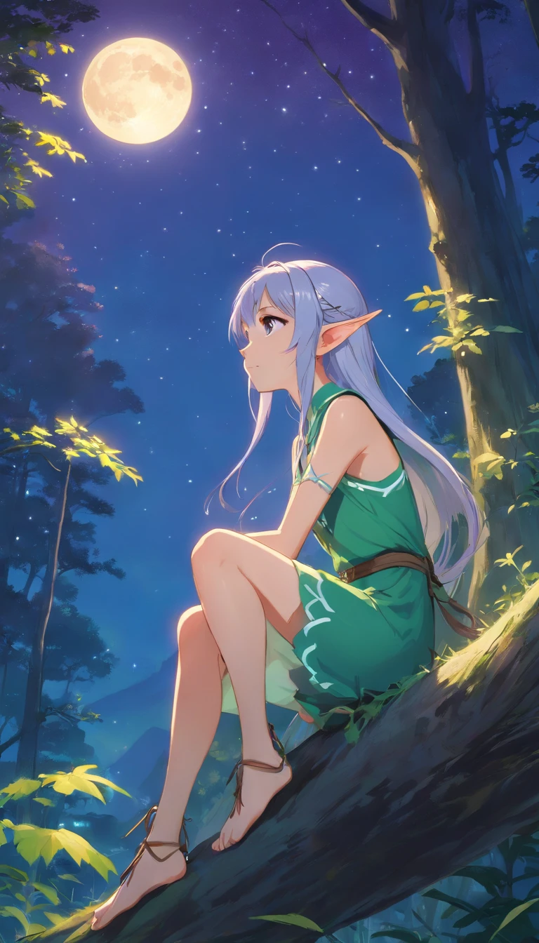 A young elf woman, with silver hair and bright purple eyes, is sitting on a tree, surrounded by a dense and lush forest. The night is bluish and clear, with the full moon shining brightly in the sky. Deers dance around your head, creating a magical and decorated environment. The young woman seems to be a part of the night, her skin shining with a touch of magic. She seems to be a mysterious and attractive figure, her serene expression and her relaxed posture. The scene conveys a sense of harmony and connection with nature, as if the young elf were an integral part of the wild world that surrounds her. 