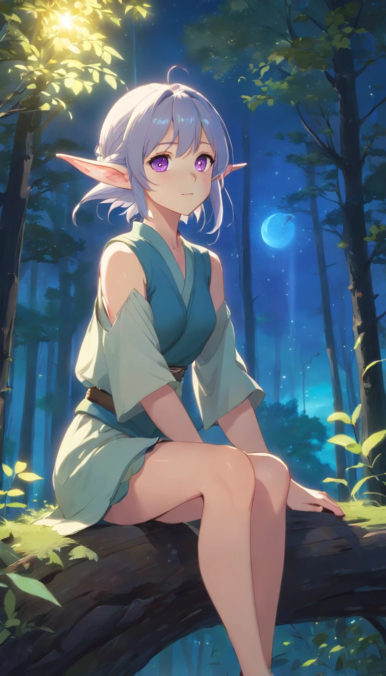A young elf woman, with silver hair and bright purple eyes, is sitting on a tree, surrounded by a dense and lush forest. The night is bluish and clear, with the full moon shining brightly in the sky. Deers dance around your head, creating a magical and decorated environment. The young woman seems to be a part of the night, her skin shining with a touch of magic. She seems to be a mysterious and attractive figure, her serene expression and her relaxed posture. The scene conveys a sense of harmony and connection with nature, as if the young elf were an integral part of the wild world that surrounds her.