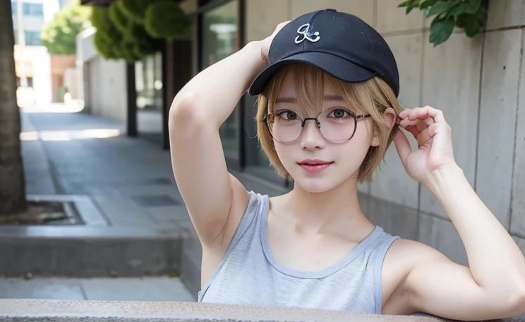 Severely sunburned skin、Japanese、((21 years old))、Various poses、(highest quality,masterpiece:1.3,超A high resolution,),(Super detailed,Caustics),(Realistic:1.4,RAW shooting,)Ultra-Realistic Capture,Very detailed,High resolution 16K、 The skin texture is natural、The skin looks healthy、Use natural light and color,1 girl,,Blonde,smile,Natural Shading、short hair、Sporty clothing、cap、Glasses、Small eyes、Street Snap、黒Small eyes、Single eyelid、Tear bags