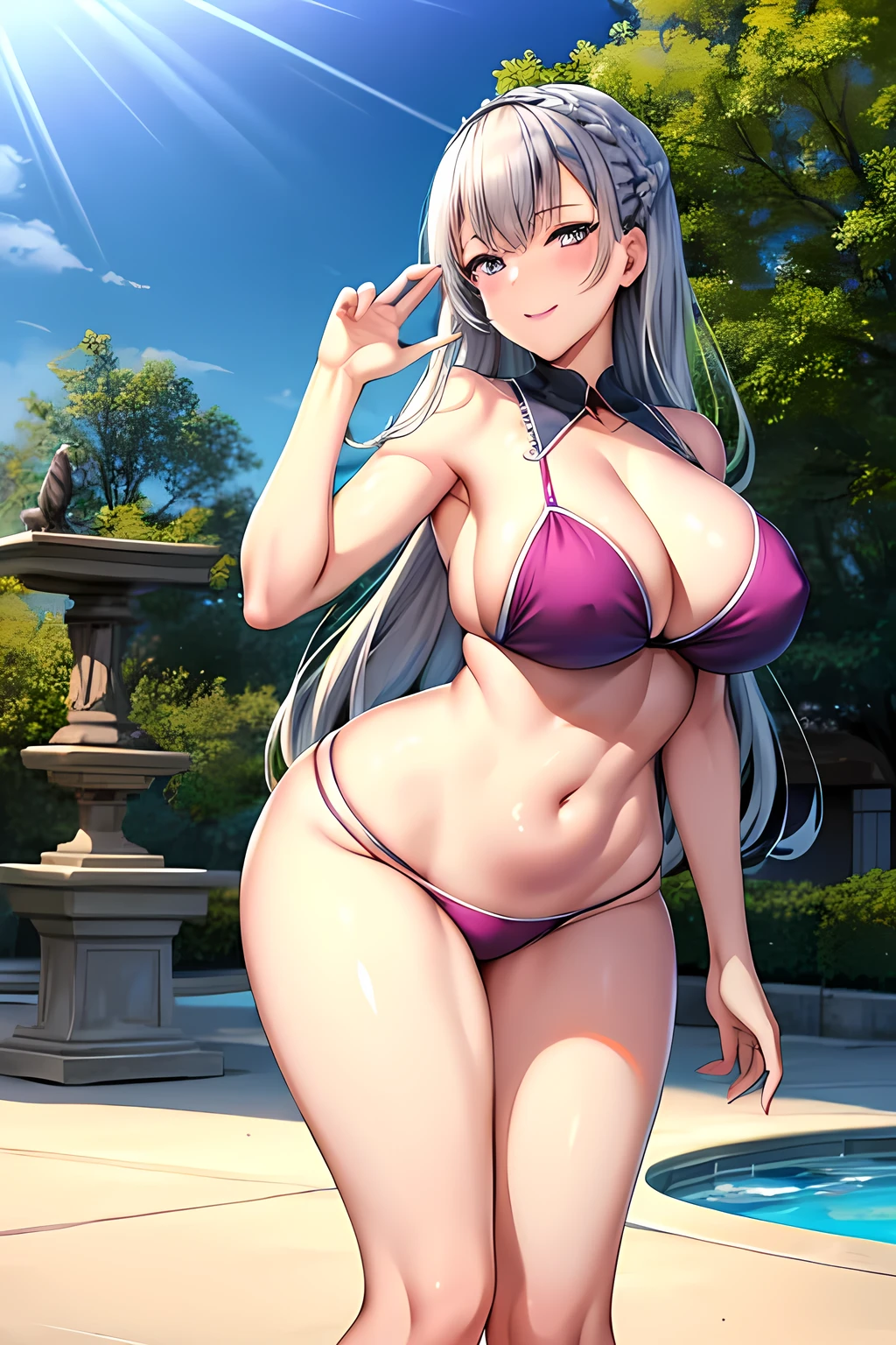 (high quality), no bra, thight stockings, autoritary smile, light blush, looking at viewer, extremelly large breasts, precise hands, sexy pose, aurelia le guin, long hair, crown braid, french braid, purple bikini, detailed pool in the background, mature woman