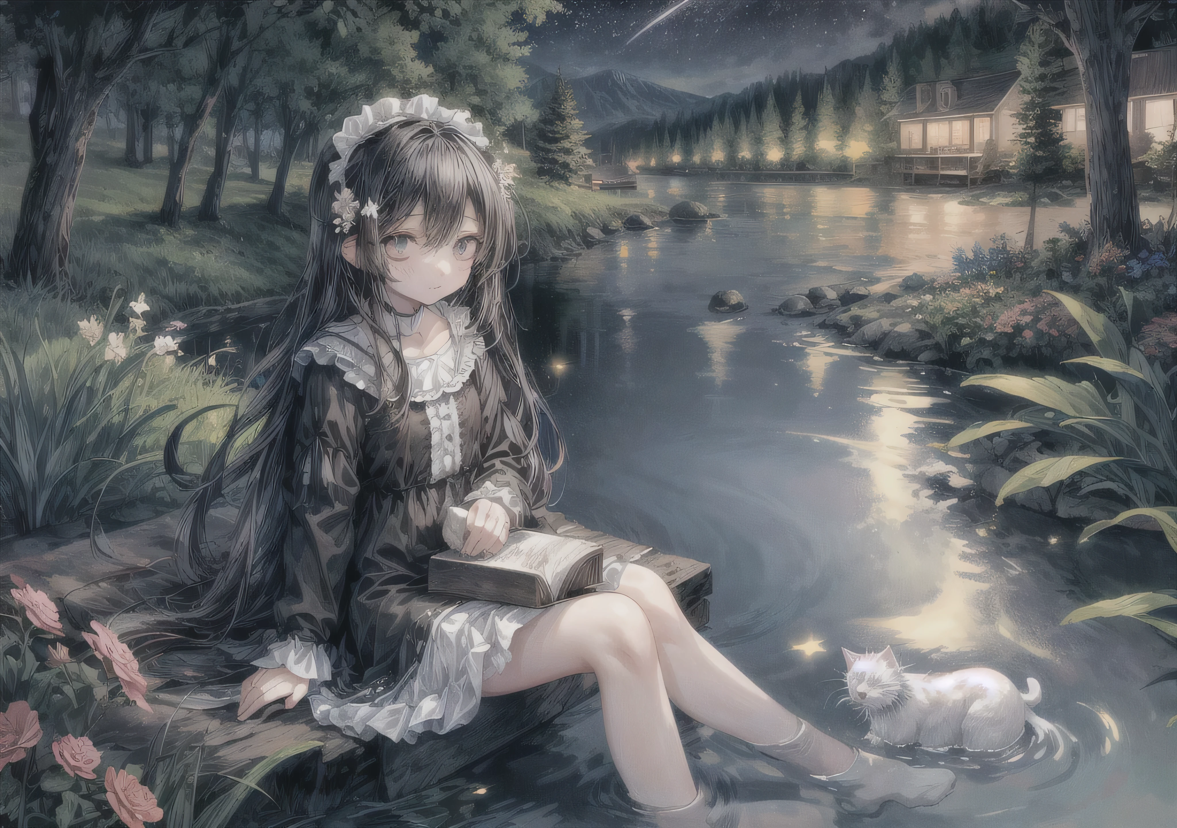 A young girl with long black hair sitting next to a fluffy white kitten, flowers surrounding them, night sky with stars above, outside by a lake and stream, hand dipped in the water, sitting facing the water, trees in the background