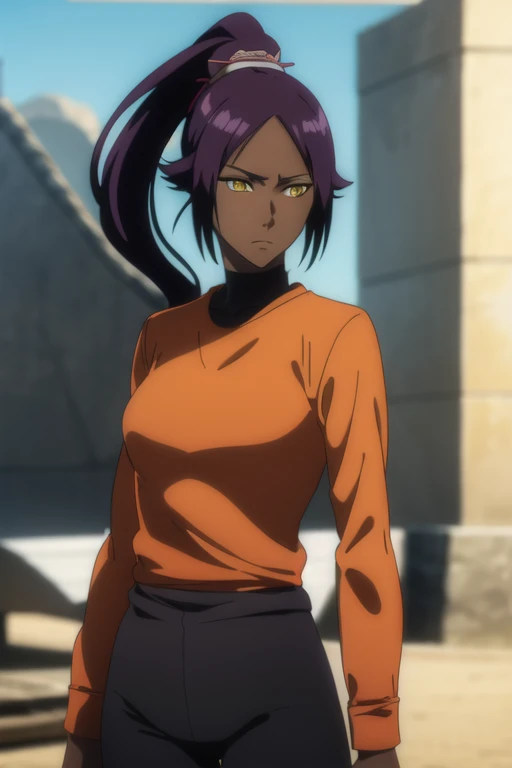 yoruichishihouin, yoruichi shihouin, long hair, (yellow eyes:1.5), ponytail, purple hair, dark skin, dark-skinned female,
BREAK bodysuit, black bodysuit, bodysuit under clothes, (orange shirt:1.5), long sleeves,
BREAK outdoors,
BREAK looking at viewer, (cowboy shot:1.5),
BREAK (masterpiece:1.2), best quality, high resolution, unity 8k wallpaper, (illustration:0.8), (beautiful detailed eyes:1.6), extremely detailed face, perfect lighting, extremely detailed CG, (perfect hands, perfect anatomy),