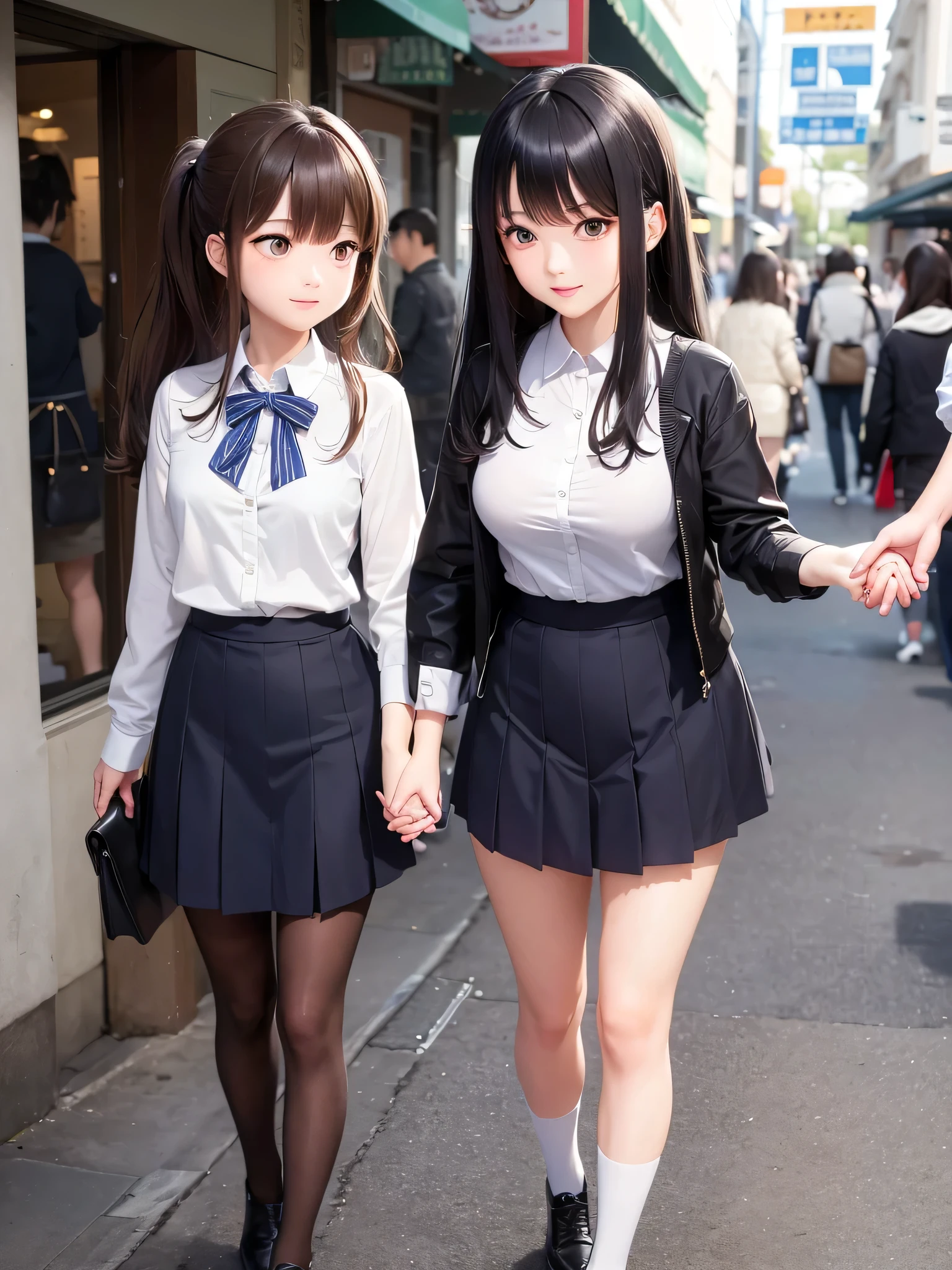 My senior is a tall woman,Height 5 feet 7 inches,Slender body lines,Have toned curves,Weighs about one hundred and forty pounds。Her long hair is thick and smooth,Bangs trimmed neatly,Exuding a deep black luster,Often tied up in a high ponytail,Showing her decisiveness and strength。Her eyes are deep and powerful,Always exuding a look of confidence and perseverance,Makes people feel awe。
The school girl is a lively and sunny girl,Height 5 feet 5 inches,Petite and cute,Weighs about one hundred and twenty pounds。She has long dark brown hair with bangs covering her forehead.,Slightly wavy hairstyle exudes a natural youthful vitality。Her eyes are bright and shining,Always shining with enthusiasm and goodwill,One can help but feel her warmth and affinity。
Two senior students and two junior students draw pictures together in a classroom full of magic.
Both people have to appear in the painting,A little more intimate They walked down the street holding hands