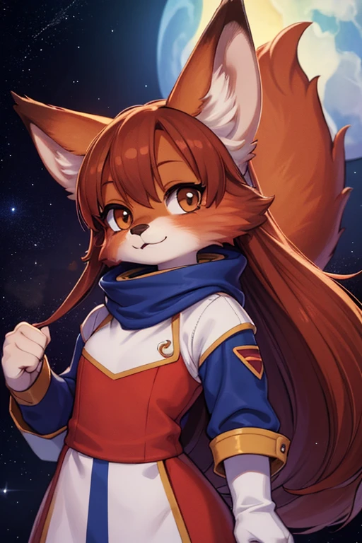 Fille astronaute dans le style furry renard , long brown hair , des oreilles de renard et queue de renard , et des taches de rousseur , in colored space