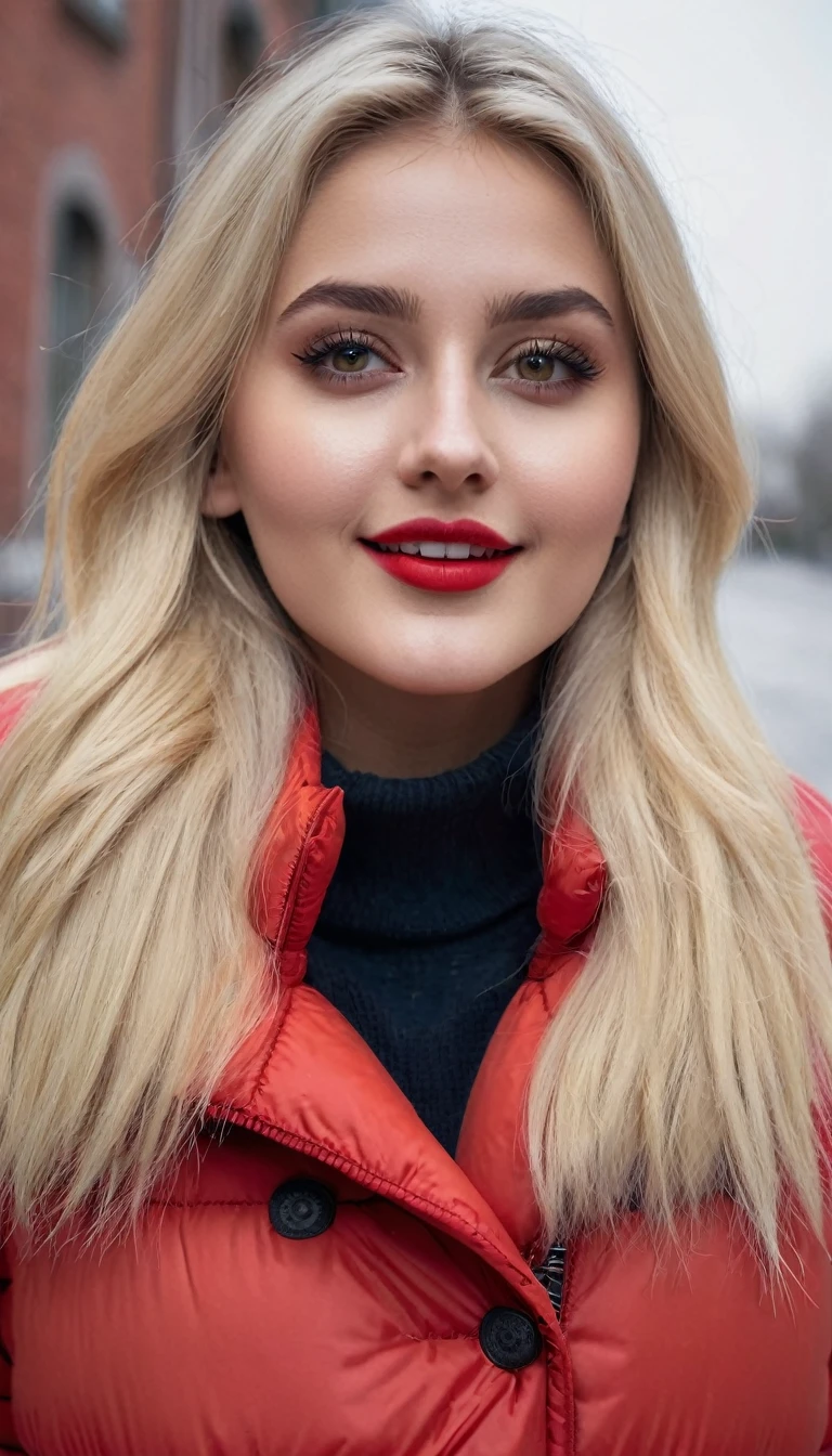 hyperrealistic beautiful busty 19-year-old woman with long legs wearing casual winter outfit with puffer coat, model shooting full body photography, bleached blonde very long straight hair, soaky wet skin, dark eye makeup with eyeliner, seductive smile, red lips, 8K, Best quality, Meisterwerk, ultra high resolution, (Realismus: 1.4), Originalfoto, (realistische Hautstruktur: 1.3), (Filmkorn: 1.3), (Selfie-Winkel), 1 girl, Beautiful round hazel eyes and facial details, Meisterwerk, Best quality, outdoor photography, nsfw
