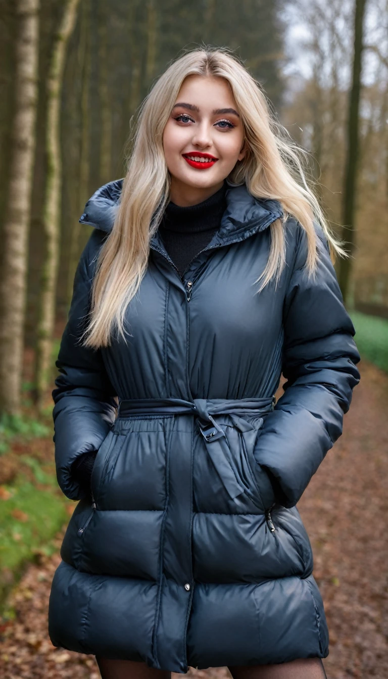 hyperrealistic beautiful busty 19-year-old woman with long legs wearing casual winter outfit with puffer coat, model shooting full body photography, bleached blonde very long straight hair, soaky wet skin, dark eye makeup with eyeliner, seductive smile, red lips, 8K, Best quality, Meisterwerk, ultra high resolution, (Realismus: 1.4), Originalfoto, (realistische Hautstruktur: 1.3), (Filmkorn: 1.3), (Selfie-Winkel), 1 girl, Beautiful round hazel eyes and facial details, Meisterwerk, Best quality, outdoor photography, nsfw