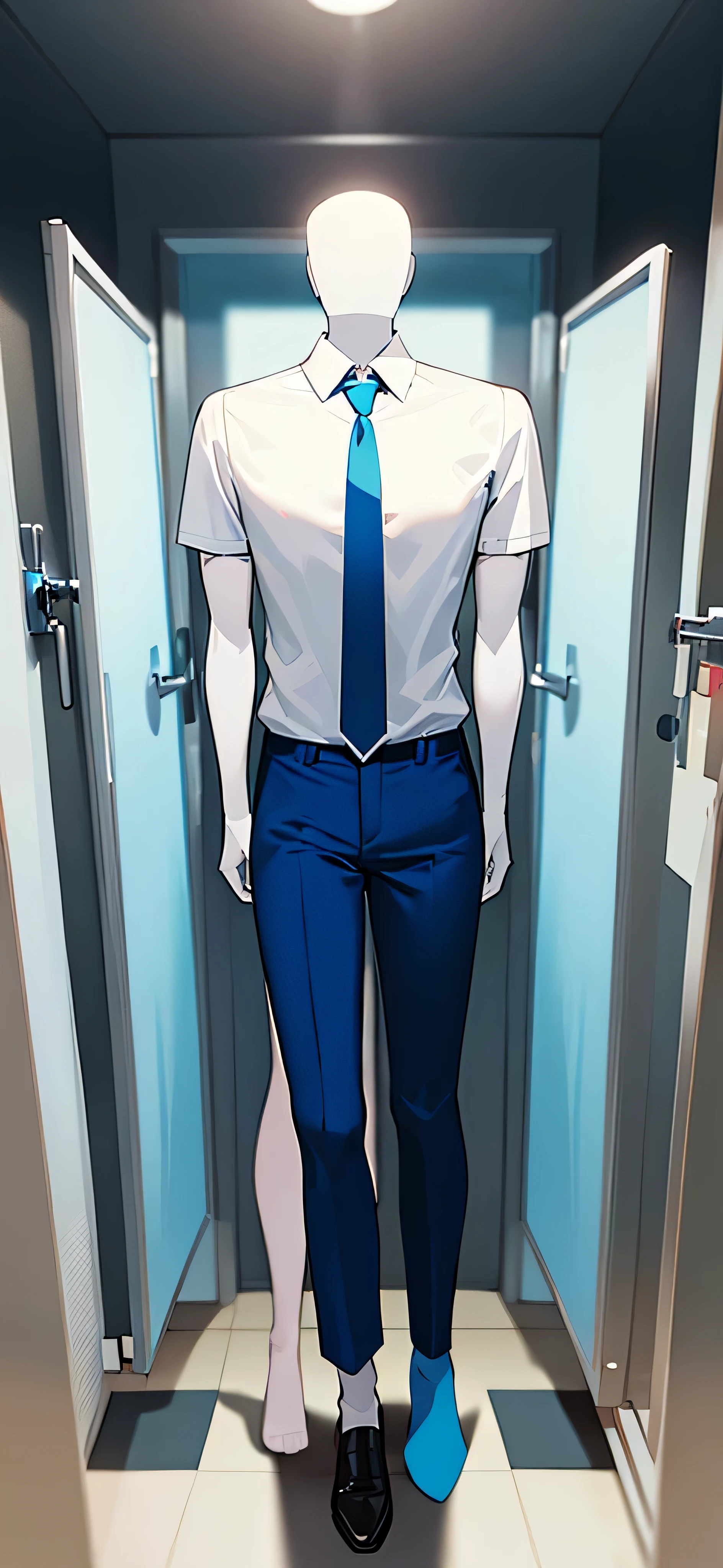 a mannequin with a white t-shirt, tie and blue pants, formal shoes, just the body, no background