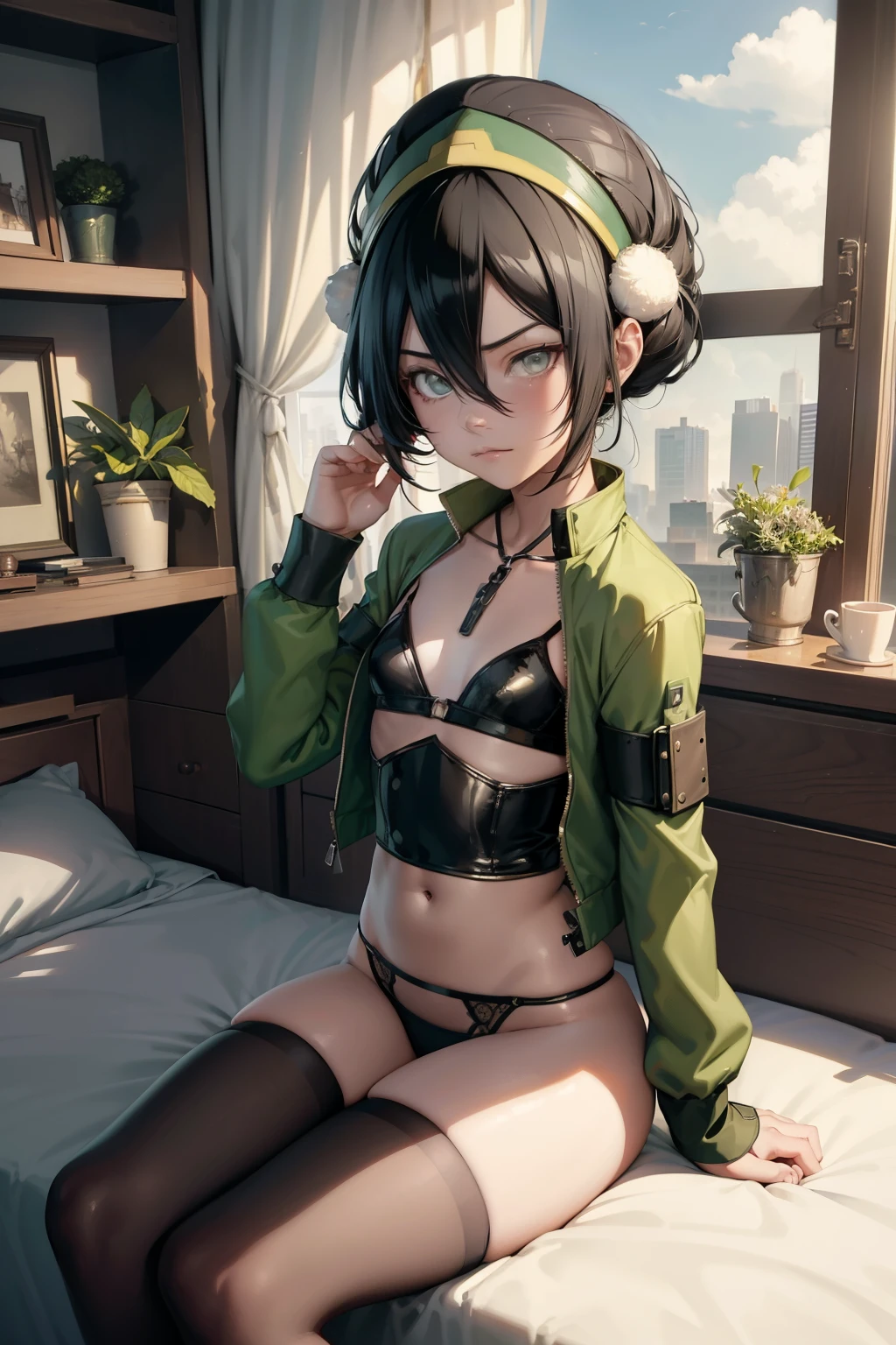 Toph beifong  ,1girl , anime , masterpiece  , Black hair,green jaqueta aberta open clothes ,toph beifong , disappointed face , solo , gren jacket, open clothes, bra , flat chest ,pantie,  garterbelt , long socks , looking at viewer , bedroom .