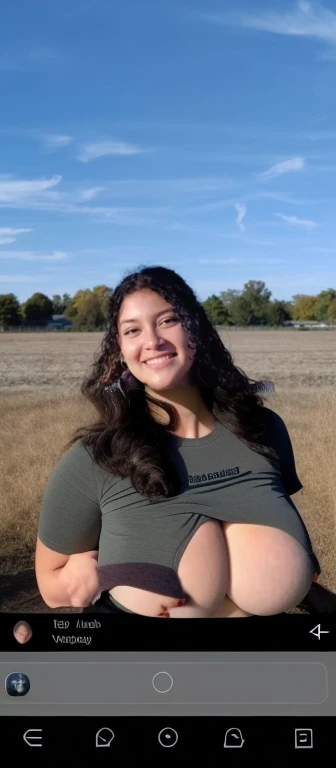 arafed woman n in a field with a blue sky, profile picture, profile pic, with a tree in the background, profile image, headshot profile picture, profile shot, with earth in the background, alanis guillen, 🍂 cute, with a park in the background, top half of body, full body shot close up, neck zoomed in, upper body close up, Big , huge , no clothes, sexy, cute, minimal clothes, thick, bbw, chubby stomach, thick nipples, nipple piercings, large areola, hard nipples, piercing through shirt, nipples hard through shirt, chubby stomach showing, tummy spilling over the side, muffin top, no pants, stomach too big for panties, super extra wide hips, huge hips, thick hips, standing, shown down to hips, from front, fully clothed, not naked