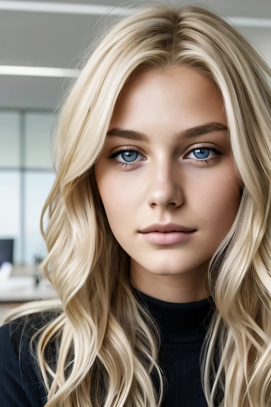 1girl in, age19, Allein, lange Haare, Kolossal , Betrachter betrachten, wavy hair, blondes Haar,  realistisch, gesichtsportrait, only face shot, perfect face, perfect lips, in a office 