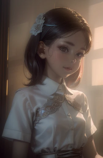 (8k, RAW Photos, highest quality, masterpiece:1.2), (Realistic, photo-Realistic:1.37), Super detailed, Ultra-high resolution,1 girl,View Viewer,Beautifully detailed face,smile,narrow,(Slim waist:1.3),shirt, Beautifully detailed skin, Skin Texture, Floating Hair,Professional Lighting,