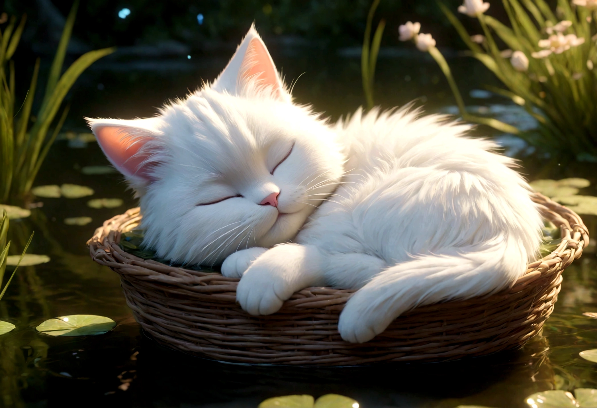 Disney Pixar cartoon character, chibi, sleeping, fluffy white cat sleeping in a basket floating in a small lake, with magical glow, unreal engine rendering, 8k