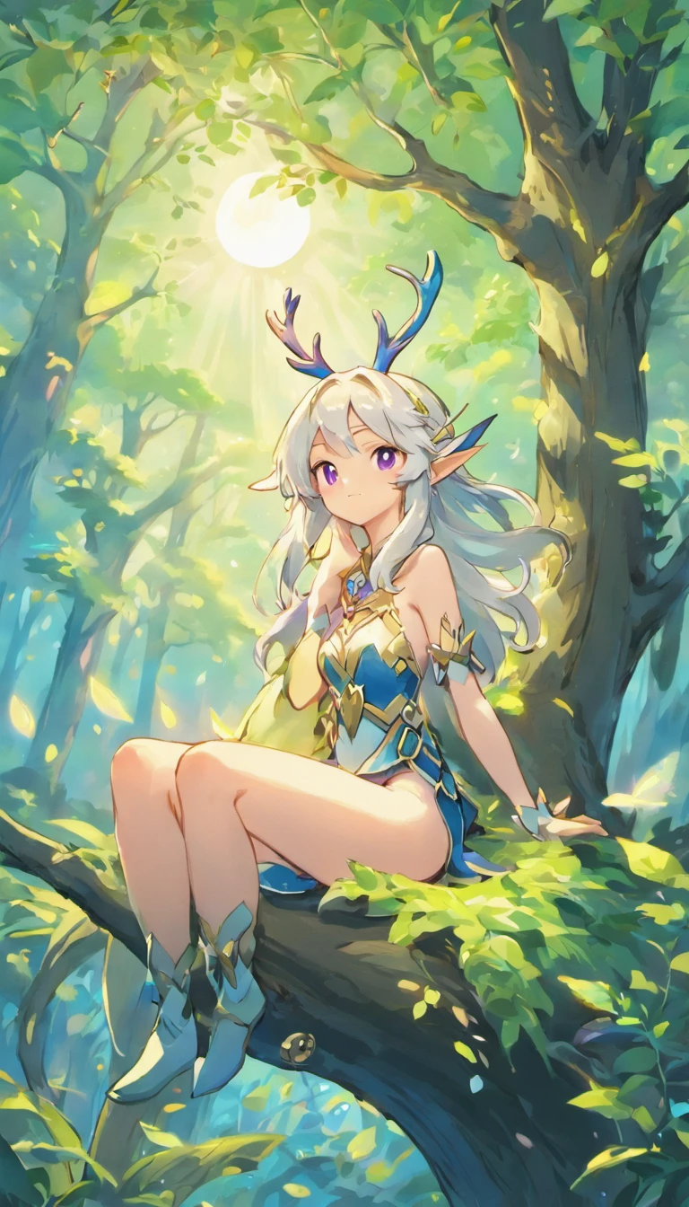 A young elf woman, with silver hair and bright purple eyes, is sitting on a tree, surrounded by a dense and lush forest. The night is bluish and clear, with the full moon shining brightly in the sky. Deers dance around your head, creating a magical and decorated environment. The young woman seems to be a part of the night, her skin shining with a touch of magic. She seems to be a mysterious and attractive figure, her serene expression and her relaxed posture. The scene conveys a sense of harmony and connection with nature, as if the young elf were an integral part of the wild world that surrounds her. NSFW