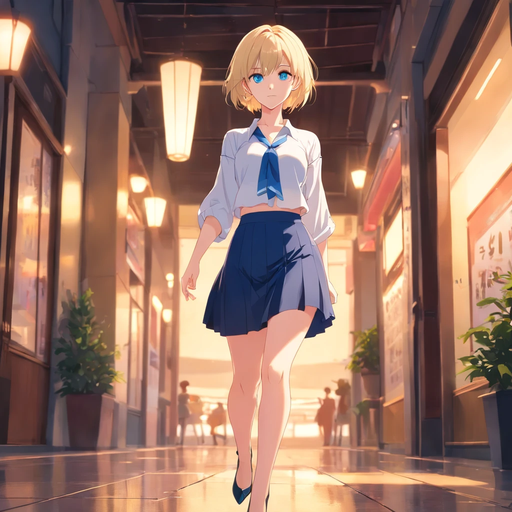  Women, ((Blonde)), ((Blue eyes)), ((Short hair)), ((Full shot)), very detailed makeup, pale pink lipstick, long earrings, bare shoulders, wearing a low-cut white blouse, revealing her chest and a tight short black latwx skirt and black Louboutin-style high heels. ((wearing high heels)) ((Full Body)) 