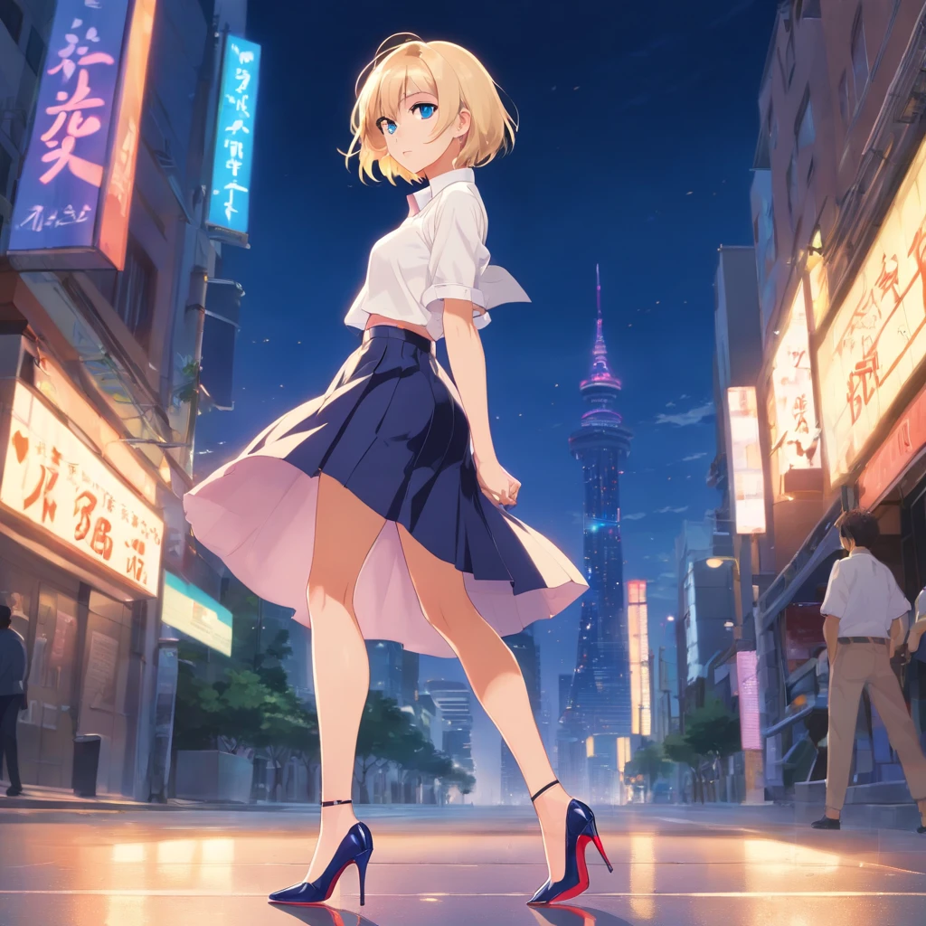 17 years old Women, ((Blonde)), ((Blue eyes)), ((Short hair)), ((Full shot)), very detailed makeup, pale pink lipstick, long earrings, bare shoulders, wearing a low-cut white blouse, revealing her chest and a tight short black latwx skirt and black Louboutin-style high heels. ((wearing high heels)) ((Full Body)) 