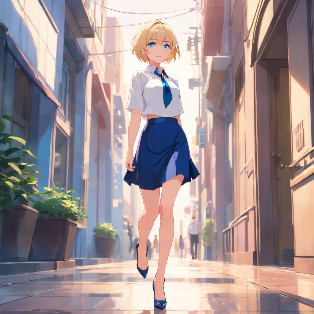  Women, ((Blonde)), ((Blue eyes)), ((Short hair)), ((Full shot)), very detailed makeup, pale pink lipstick, long earrings, bare shoulders, wearing a low-cut white blouse, revealing her chest and a tight short black latwx skirt and black Louboutin-style high heels. ((wearing high heels)) ((Full Body)) 