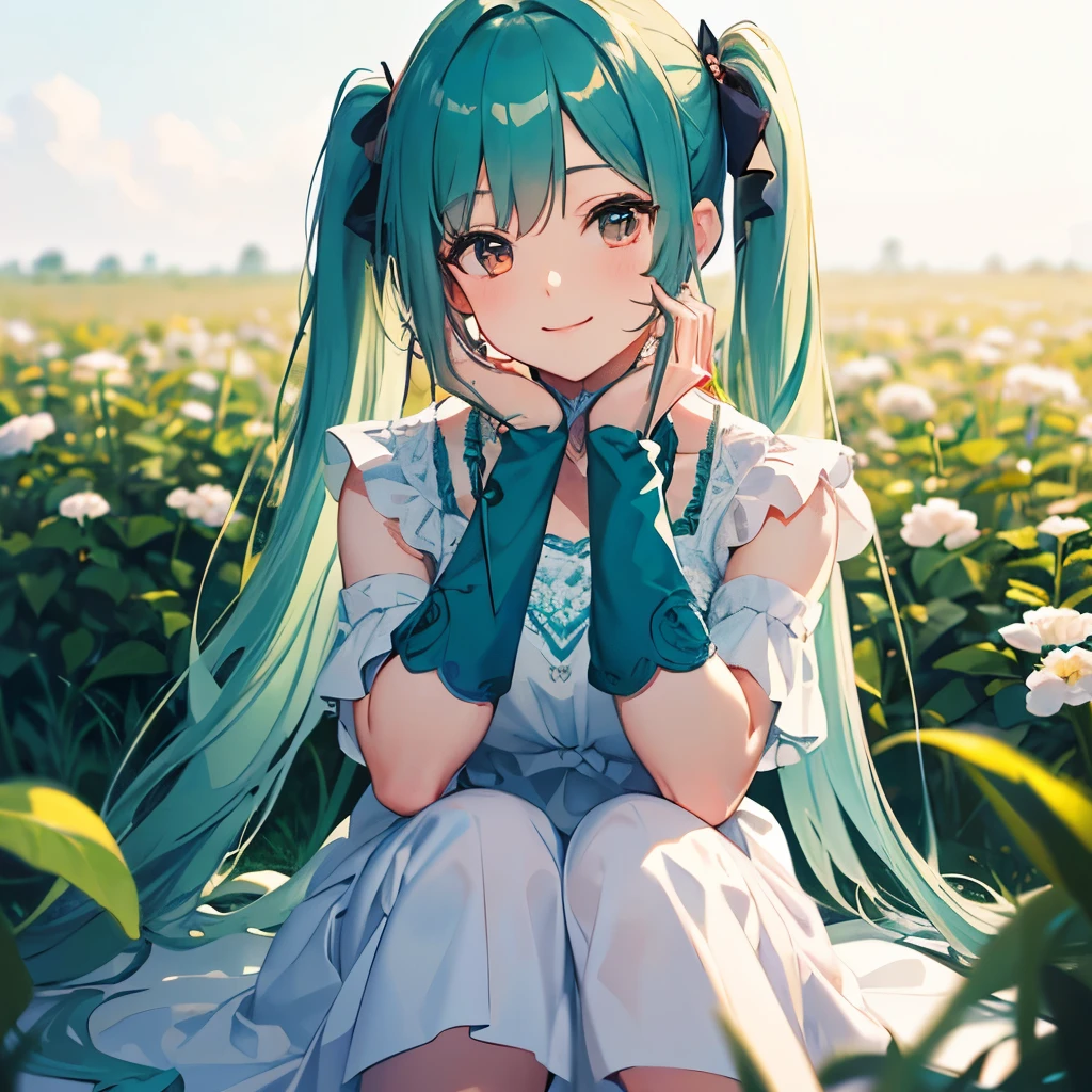 (masterpiece, best quality),1girl, (long teal hair), (twintails), (white eyes), sitting in a field of green plants and flowers, her hand under her chin, warm lighting, white dress, blurry foreground, detailed, smilling, ((teal hair))