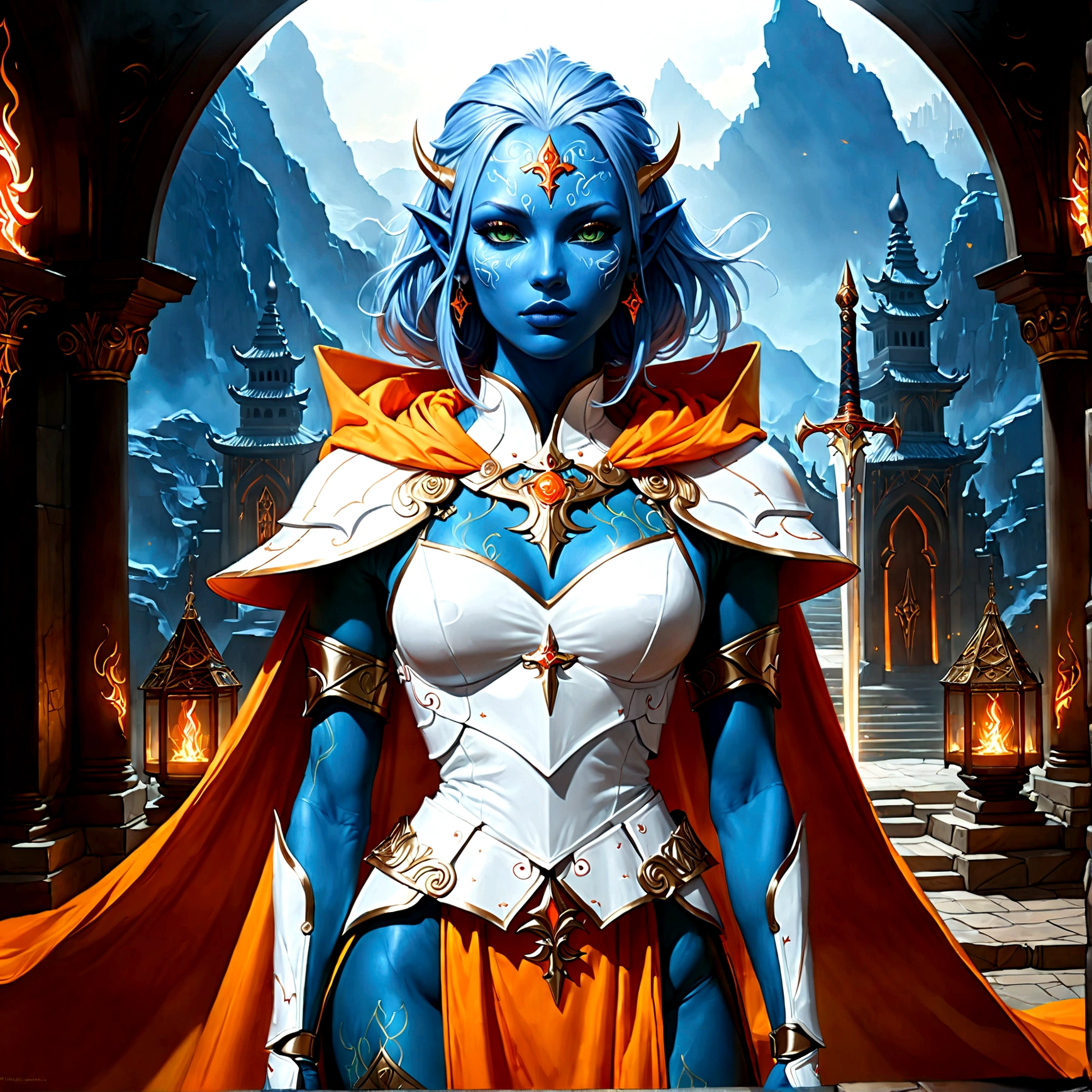 fantasy art, dnd art, RPG art, wide shot, (masterpiece: 1.4) a (portrait: 1.3) intense details, highly detailed, photorealistic, best quality, highres, portrait a female (fantasy art, Masterpiece, best quality: 1.3) ((blue skin: 1.5)), intense details facial details, exquisite beauty, (fantasy art, Masterpiece, best quality) cleric, (blue skinned: 1.3) female, pink hair, long hair, (no ears: 1.5), (green eyes: 1.3), armed with a fiery sword red fire, wearing (white armor: 1.3), wearing high heeled laced boots, wearing an (orange cloak:1.3), wearing glowing holy symbol GlowingRunes_yellow, within fantasy temple background, reflection light, high details, best quality, 16k, [ultra detailed], masterpiece, best quality, (extremely detailed), close up, ultra wide shot, photorealistic, RAW, fantasy art, dnd art, fantasy art, realistic art,((best quality)), ((masterpiece)), (detailed), perfect face, ArmoredDress
