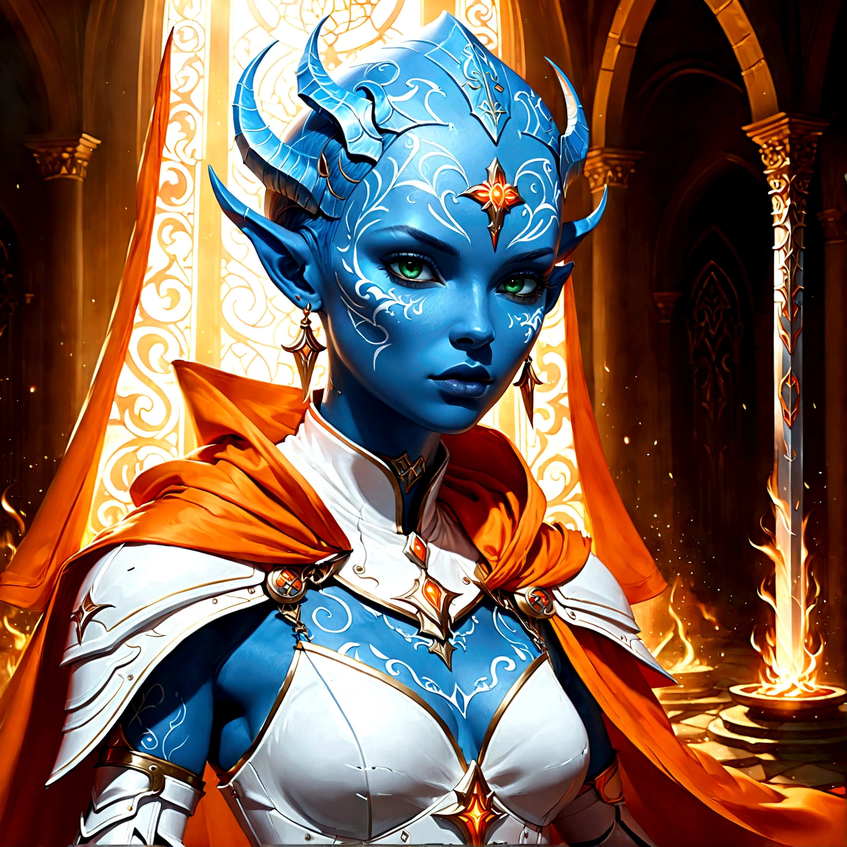fantasy art, dnd art, RPG art, wide shot, (masterpiece: 1.4) a (portrait: 1.3) intense details, highly detailed, photorealistic, best quality, highres, portrait a female (fantasy art, Masterpiece, best quality: 1.3) ((blue skin: 1.5)), intense details facial details, exquisite beauty, (fantasy art, Masterpiece, best quality) cleric, (blue skinned: 1.3) female, pink hair, long hair, (no ears: 1.5), (green eyes: 1.3), armed with a fiery sword red fire, wearing (white armor: 1.3), wearing high heeled laced boots, wearing an (orange cloak:1.3), wearing glowing holy symbol GlowingRunes_yellow, within fantasy temple background, reflection light, high details, best quality, 16k, [ultra detailed], masterpiece, best quality, (extremely detailed), close up, ultra wide shot, photorealistic, RAW, fantasy art, dnd art, fantasy art, realistic art,((best quality)), ((masterpiece)), (detailed), perfect face, ArmoredDress