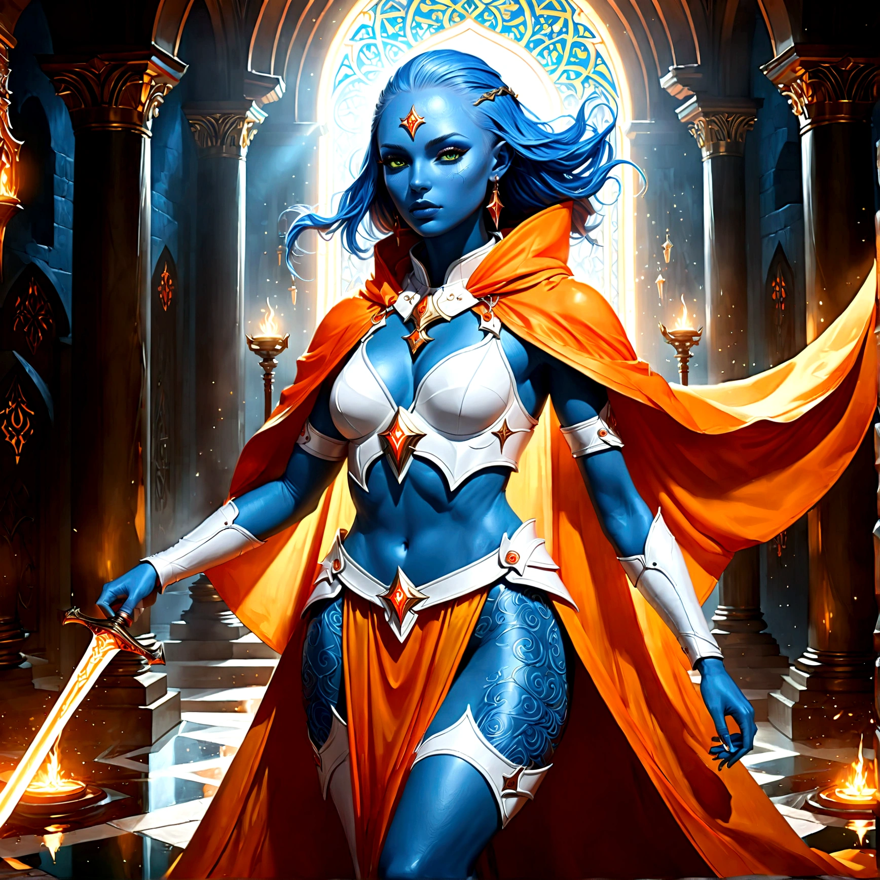 fantasy art, dnd art, RPG art, wide shot, (masterpiece: 1.4) a (portrait: 1.3) intense details, highly detailed, photorealistic, best quality, highres, portrait a female (fantasy art, Masterpiece, best quality: 1.3) ((blue skin: 1.5)), intense details facial details, exquisite beauty, (fantasy art, Masterpiece, best quality) cleric, (blue skinned: 1.3) female, pink hair, long hair, (no ears: 1.5), (green eyes: 1.3), armed with a fiery sword red fire, wearing (white armor: 1.3), wearing high heeled laced boots, wearing an (orange cloak:1.3), wearing glowing holy symbol GlowingRunes_yellow, within fantasy temple background, reflection light, high details, best quality, 16k, [ultra detailed], masterpiece, best quality, (extremely detailed), close up, ultra wide shot, photorealistic, RAW, fantasy art, dnd art, fantasy art, realistic art,((best quality)), ((masterpiece)), (detailed), perfect face, ArmoredDress
