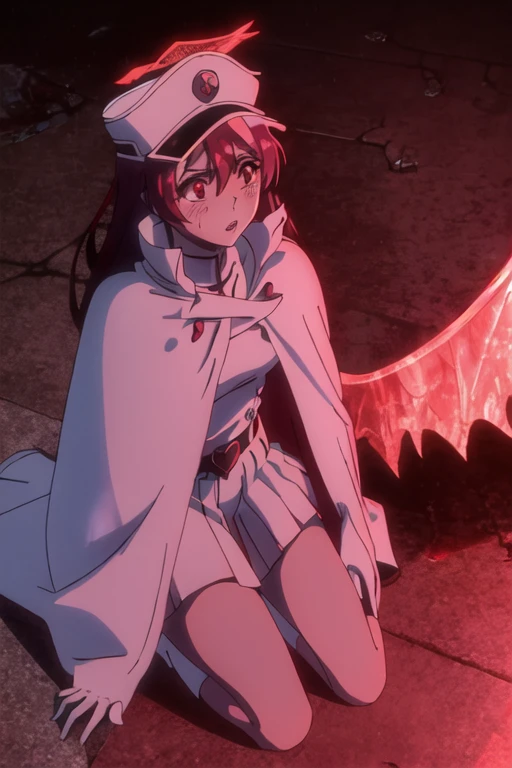 bambietta, flying, (burned ruined city:1.2), (blush:1.2), parted lips, kneels on ground, raining, blood on breasts, red eyes, hat, cape, white military form, short white pleated skirt, upskirt, medium breasts, masterpiece, detailed, intricate details, belt, from above, red glowing wings, looking at viewer