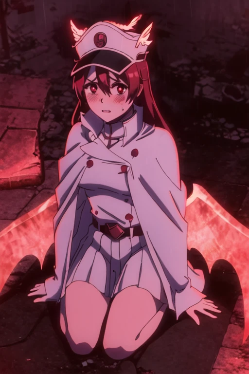 bambietta, flying, (burned ruined city:1.2), (blush:1.2), parted lips, kneels on ground, raining, blood on breasts, red eyes, hat, cape, white military form, short white pleated skirt, upskirt, medium breasts, masterpiece, detailed, intricate details, belt, from above, red glowing wings, looking at viewer