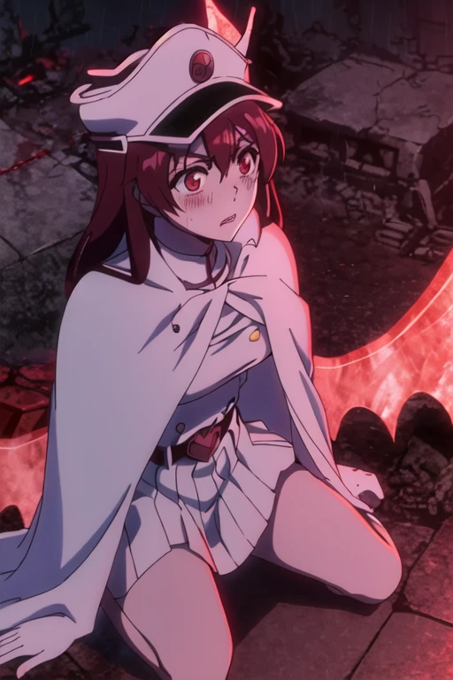 bambietta, flying, (burned ruined city:1.2), (blush:1.2), parted lips, kneels on ground, raining, blood on breasts, red eyes, hat, cape, white military form, short white pleated skirt, upskirt, medium breasts, masterpiece, detailed, intricate details, belt, from above, red glowing wings, looking at viewer