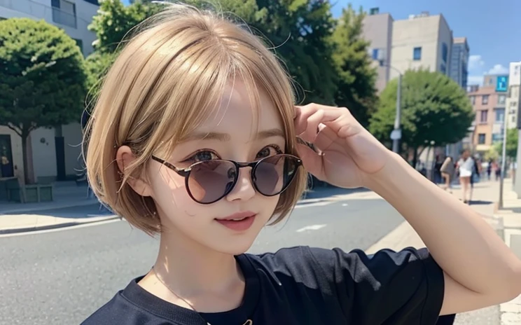 Severely sunburned skin、Japanese、((21 years old))、(highest quality,masterpiece:1.3,超A high resolution,),(Super detailed,Caustics),(Realistic:1.4,RAW shooting,)Ultra-Realistic Capture,Very detailed,High resolution 16K、 The skin texture is natural、The skin looks healthy、Use natural light and color,1 girl,,Blonde,smile,Natural Shading、short hair、Bronze Hair、Sporty clothing、cap、Glasses、Small eyes、Street Snap、黒Small eyes、Single eyelid、Tear bags、The background is a park with blue sky