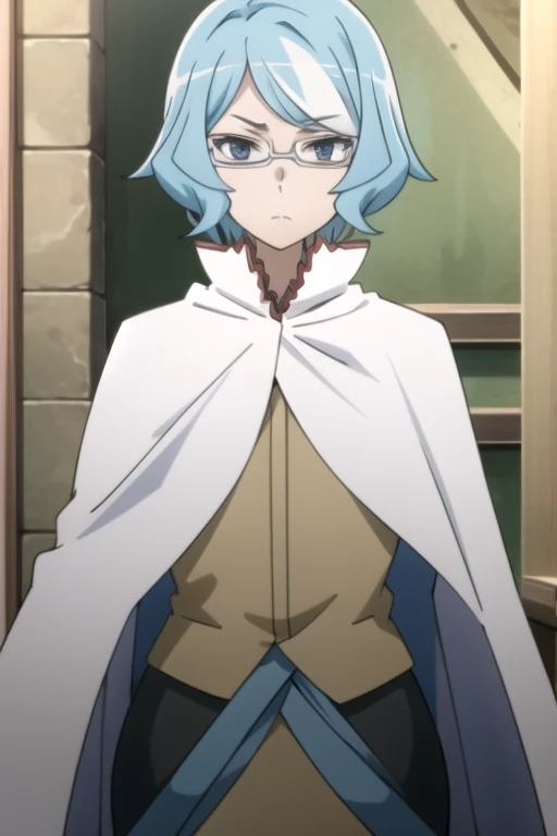 tall body, tall, long legs, mature female, mature, adult, eft_danmachi_blue, glasses, 1girl, female focus, solo, upper body, looking at viewer, frown, blue hair, blue eyes, grey hair, parody, short hair, white cape, closed mouth, expressionless, anime coloring