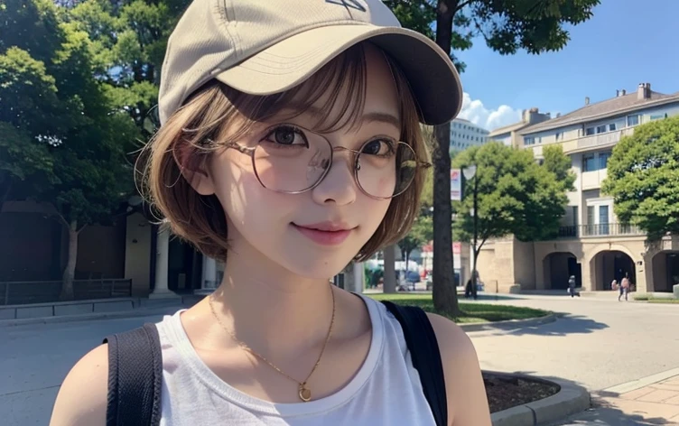 Severely sunburned skin、Japanese、((21 years old))、(highest quality,masterpiece:1.3,超A high resolution,),(Super detailed,Caustics),(Realistic:1.4,RAW shooting,)Ultra-Realistic Capture,Very detailed,High resolution 16K、 The skin texture is natural、The skin looks healthy、Use natural light and color,1 girl,,Blonde,smile,Natural Shading、short hair、Bronze Hair、Sporty clothing、cap、Glasses、Small eyes、Street Snap、黒Small eyes、Single eyelid、Tear bags、The background is a park with blue sky
