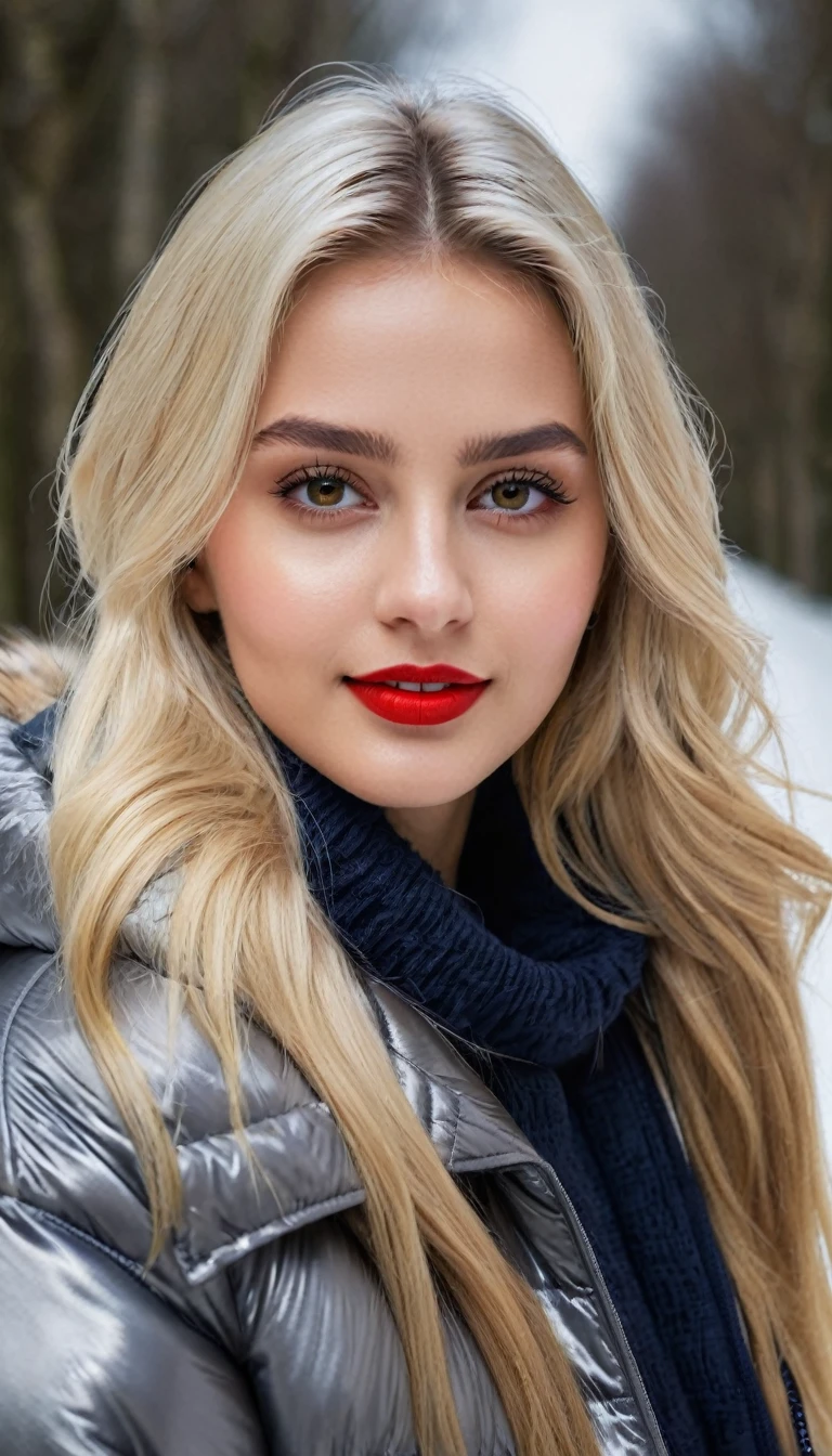 hyperrealistic beautiful busty 19-year-old woman with long legs wearing casual winter outfit with shiny puffer coat, model shooting full body photography, bleached blonde very long straight hair, soaky wet skin, dark eye makeup with eyeliner, seductive smile, red lips, 8K, Best quality, Meisterwerk, ultra high resolution, (Realismus: 1.4), Originalfoto, (realistische Hautstruktur: 1.3), (Filmkorn: 1.3), (Selfie-Winkel), 1 girl, Beautiful round hazel eyes and facial details, Meisterwerk, Best quality, outdoor photography, nsfw